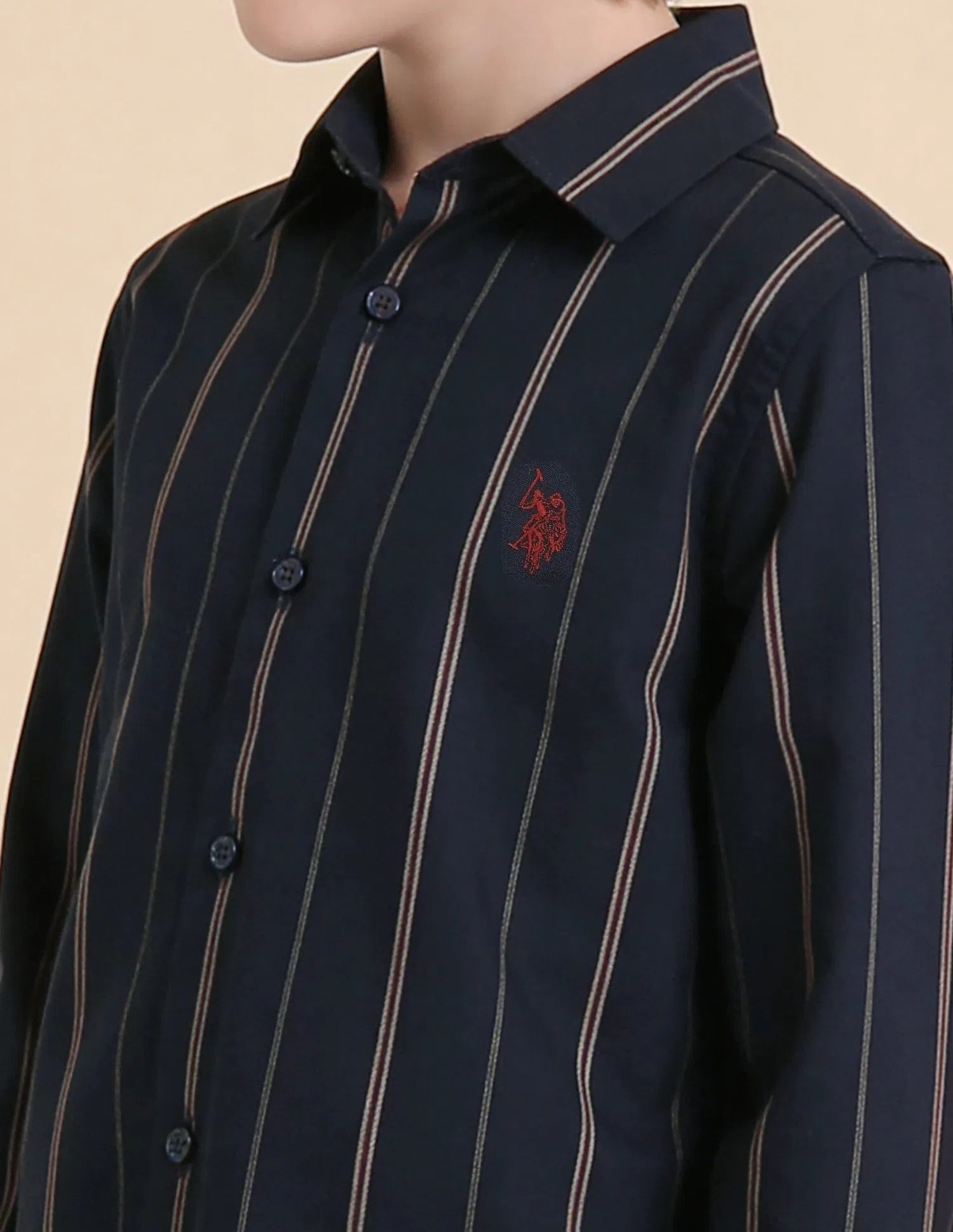 Boys Navy Vertical Striped Cotton Shirt – Regular Fit