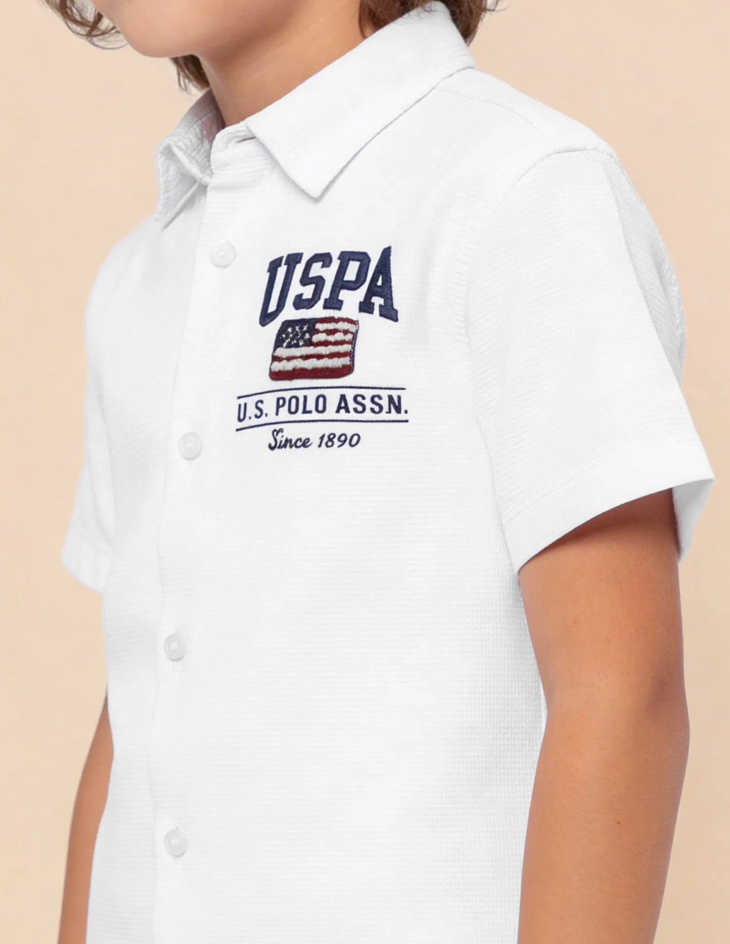 Boys White Logo Appliqued Cotton Textured Shirt – Regular Fit