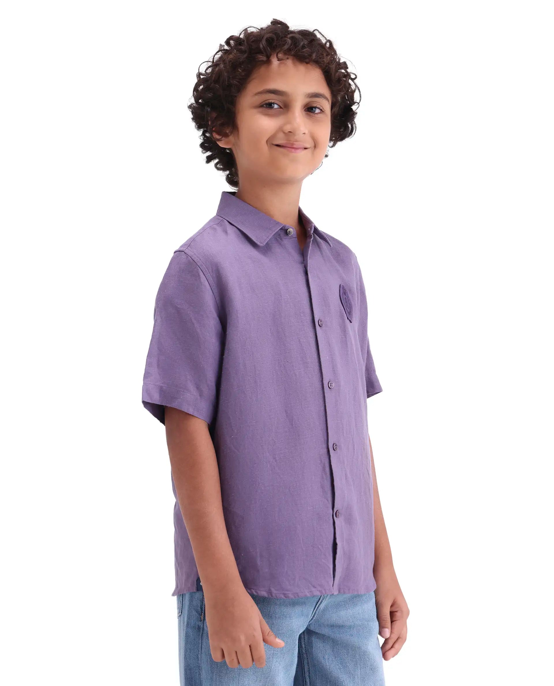 Boys Purple Linen Blend Regular Fit Shirt