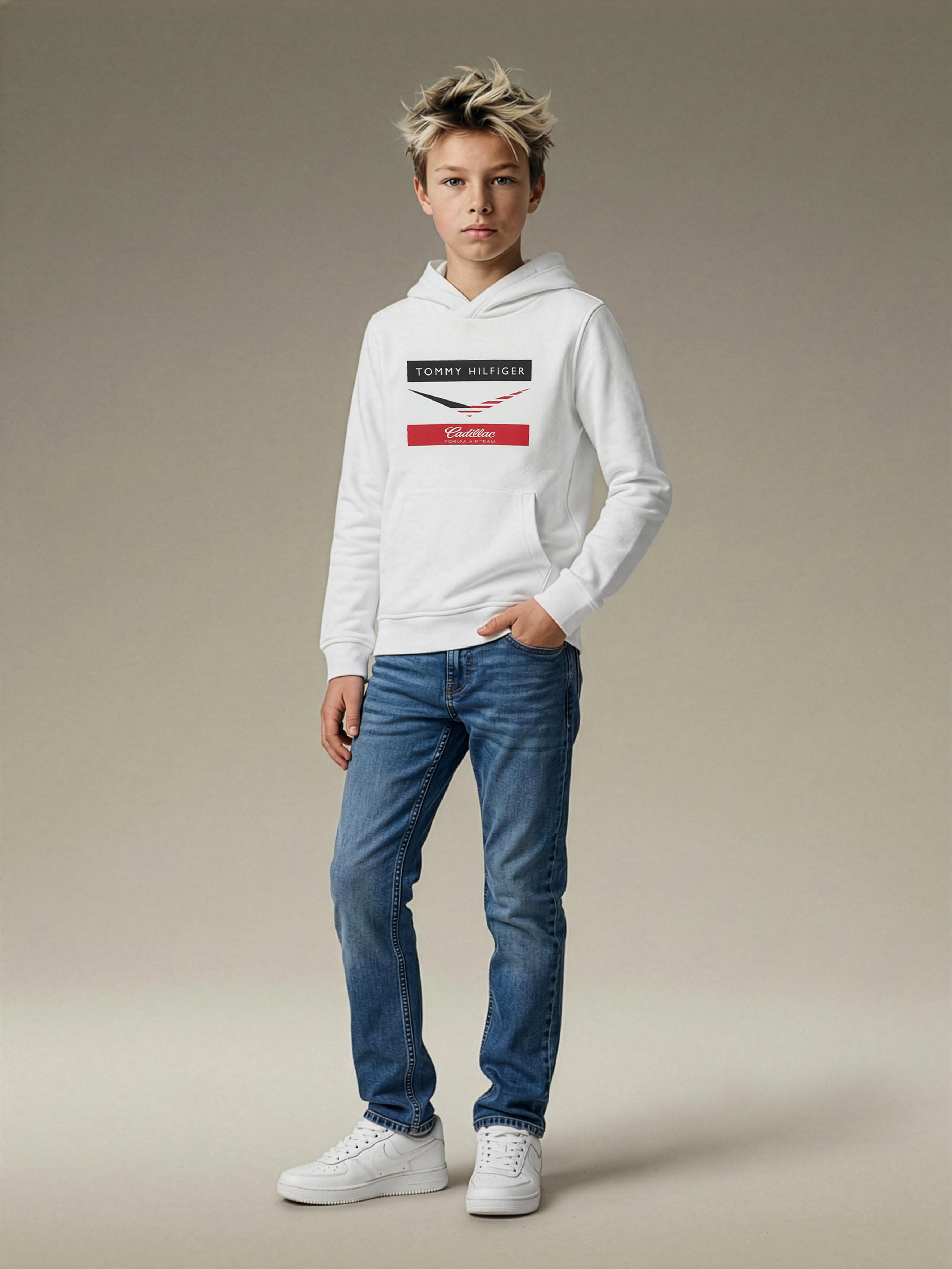 Kids White Hooded Cotton Blend Casual Knit Sweatshirt