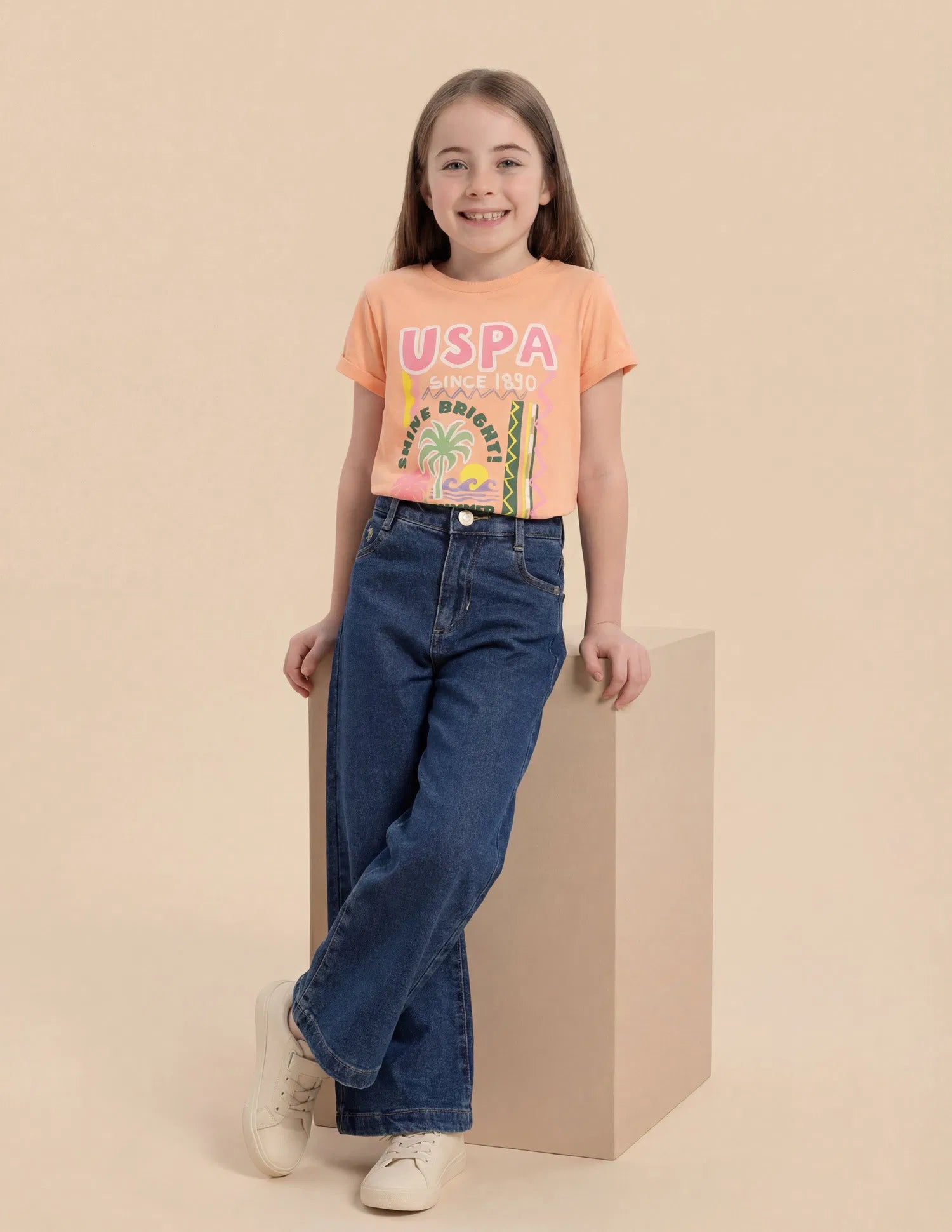 Girls Mid Blue Cotton Wide Leg Fit Jeans
