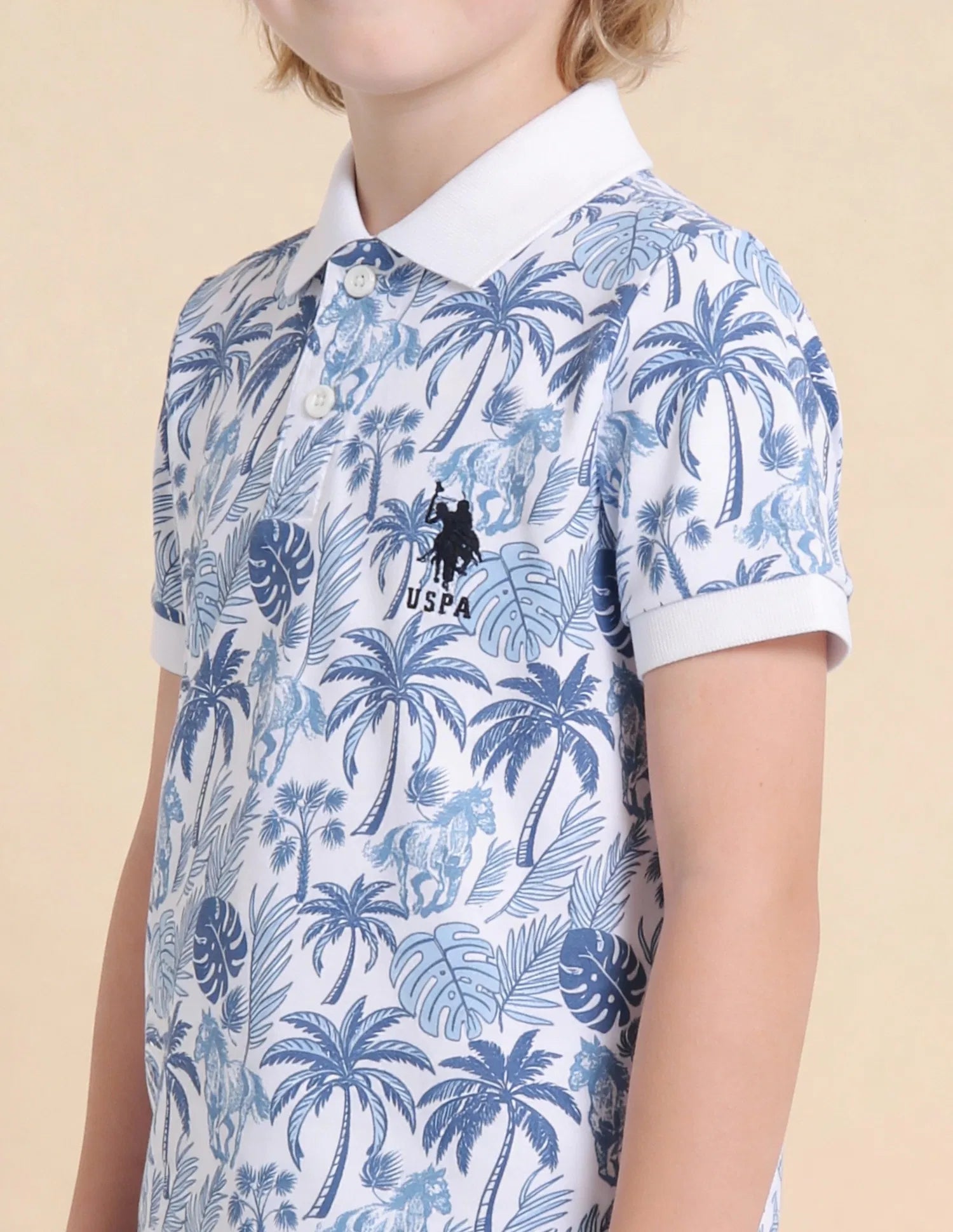 Boys Off White Cotton All-Over Print Regular Fit Polo Shirt