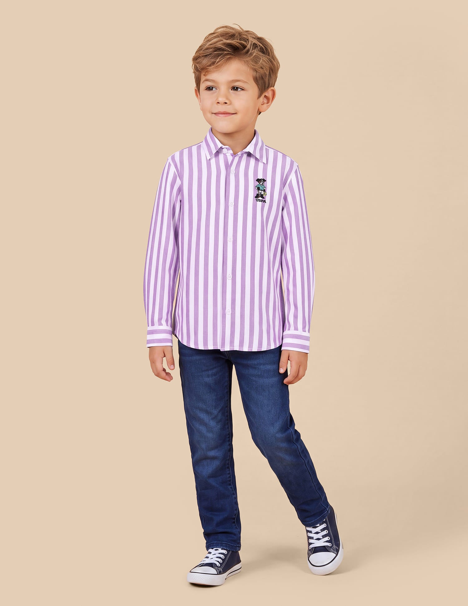 Boys Purple Cotton Vertical Striped Oxford Shirt