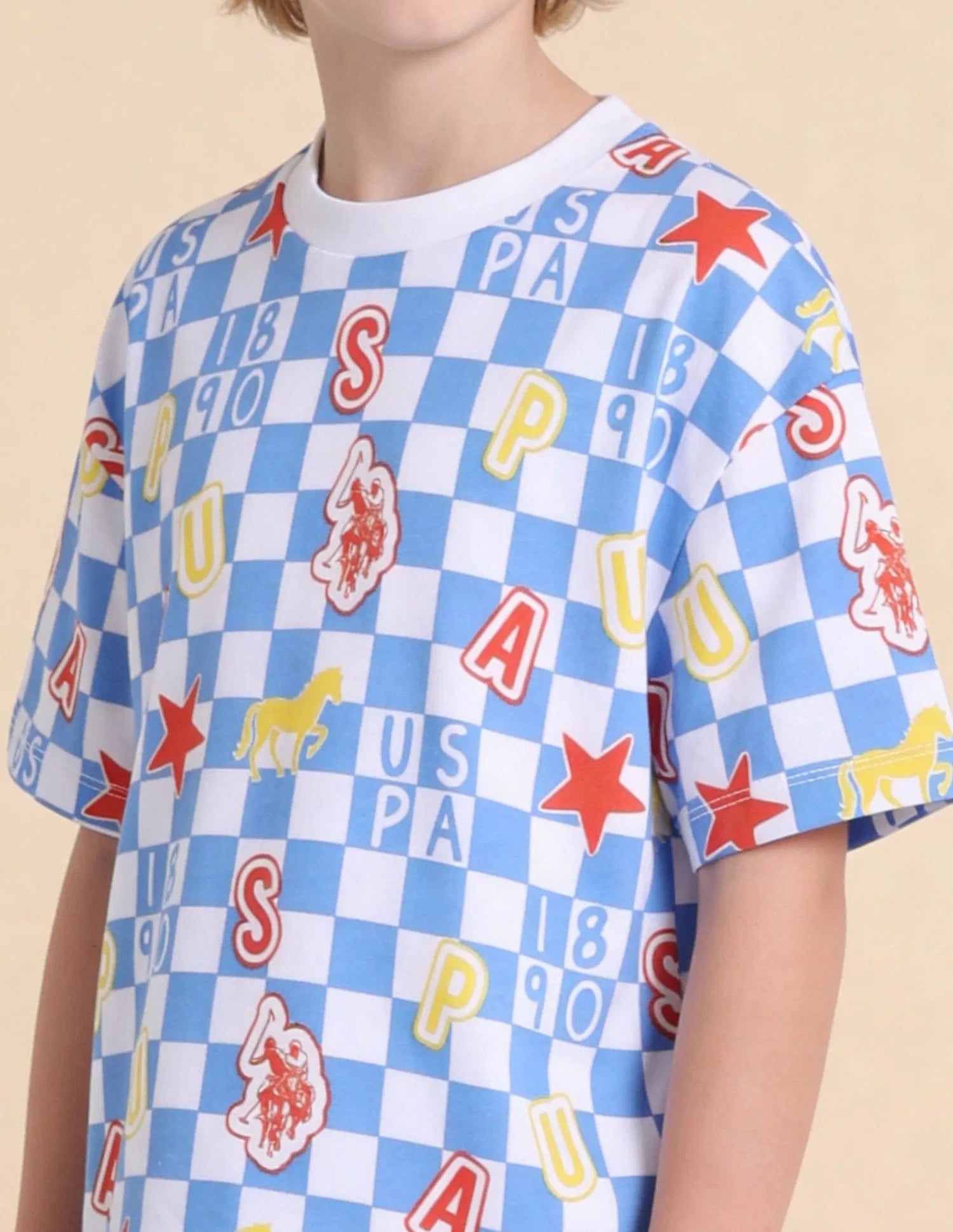 Boys Light Blue Checked Cotton T-Shirt – Oversized Fit