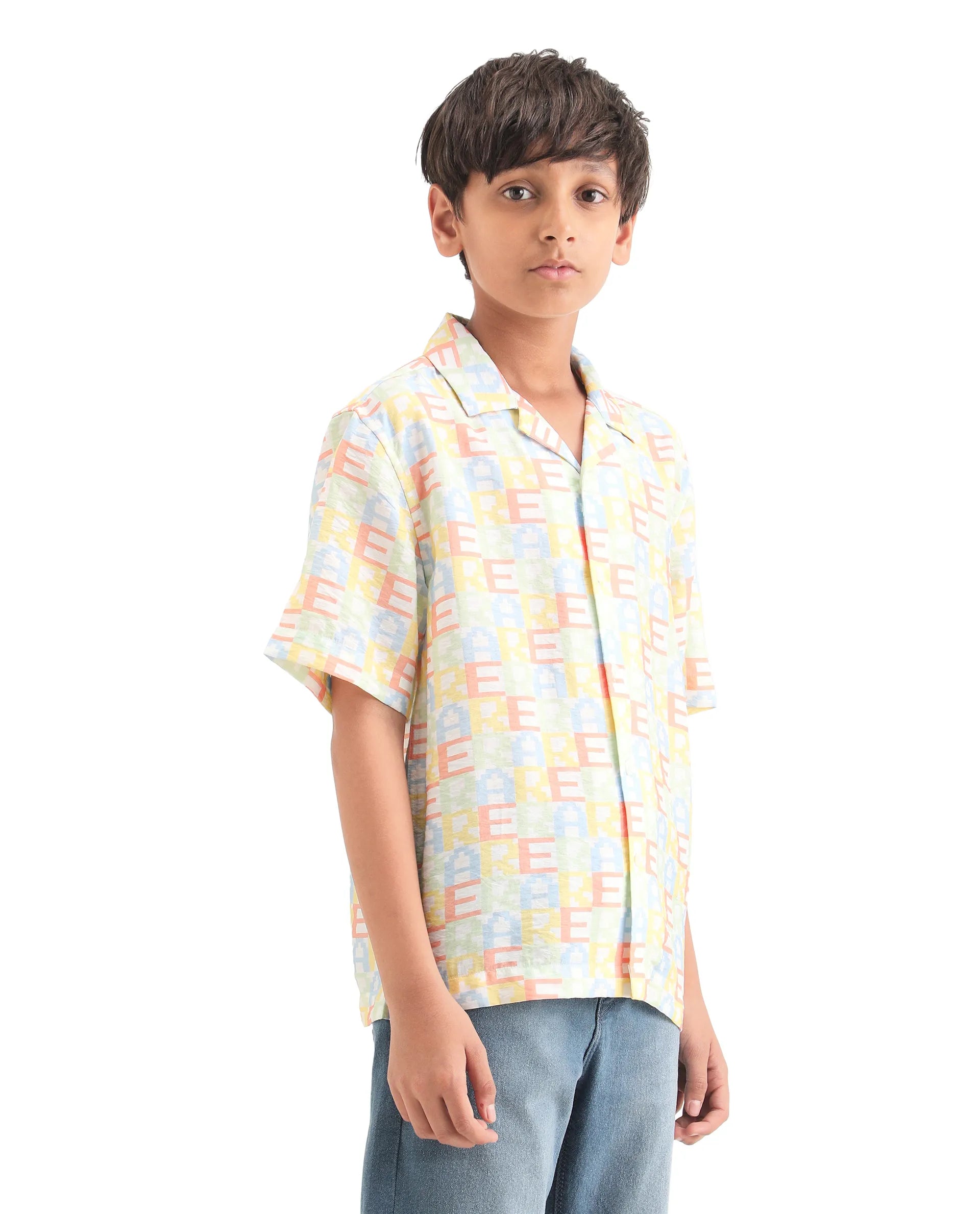 Boys Multi Print Boxy Fit Viscose Blend Shirt