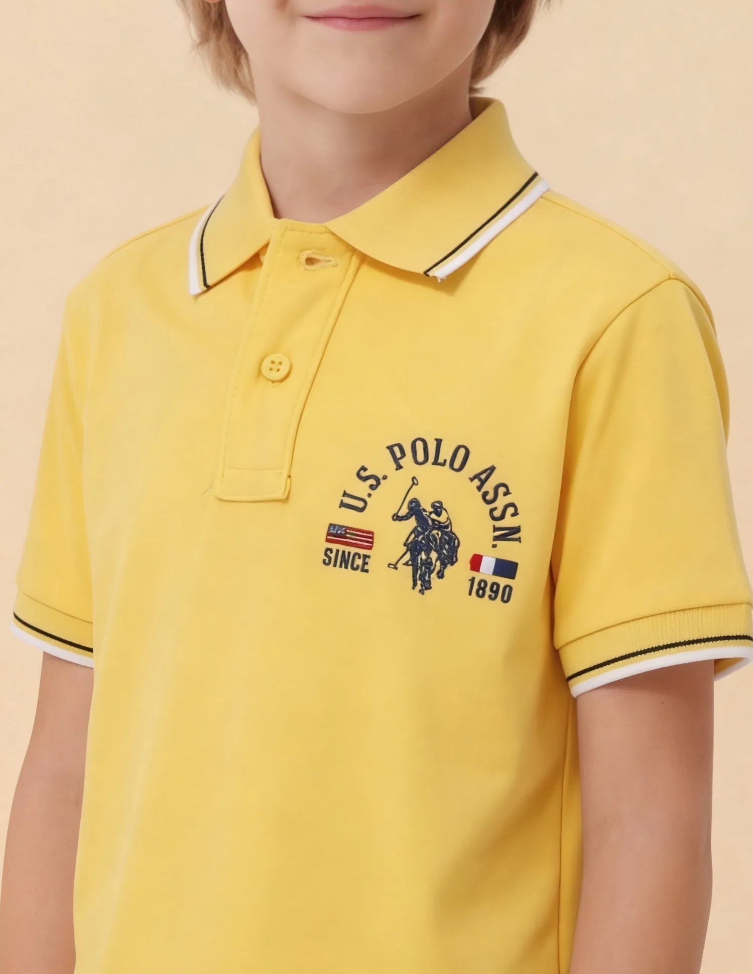 Boys Light Yellow Cotton Graphic Print Regular Fit Polo Shirt