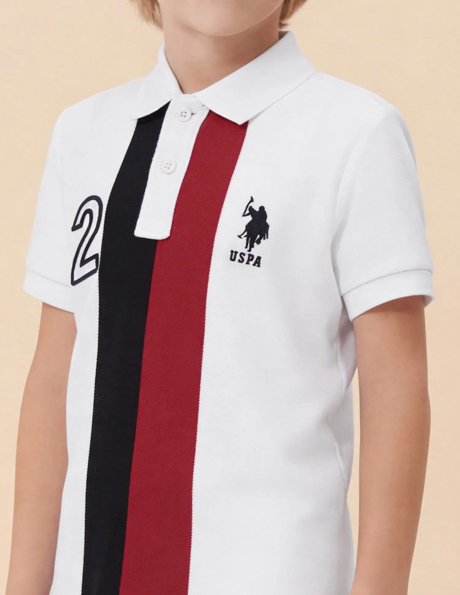 Boys White Vertical Stripe Cotton Polo Shirt Regular Fit