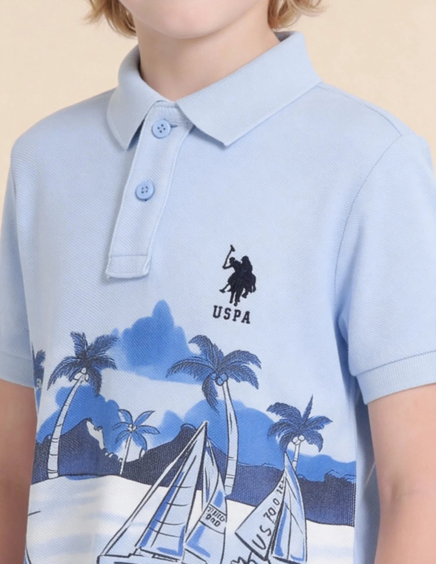 Boys Light Blue Cotton Graphic Print Regular Fit Polo Shirt