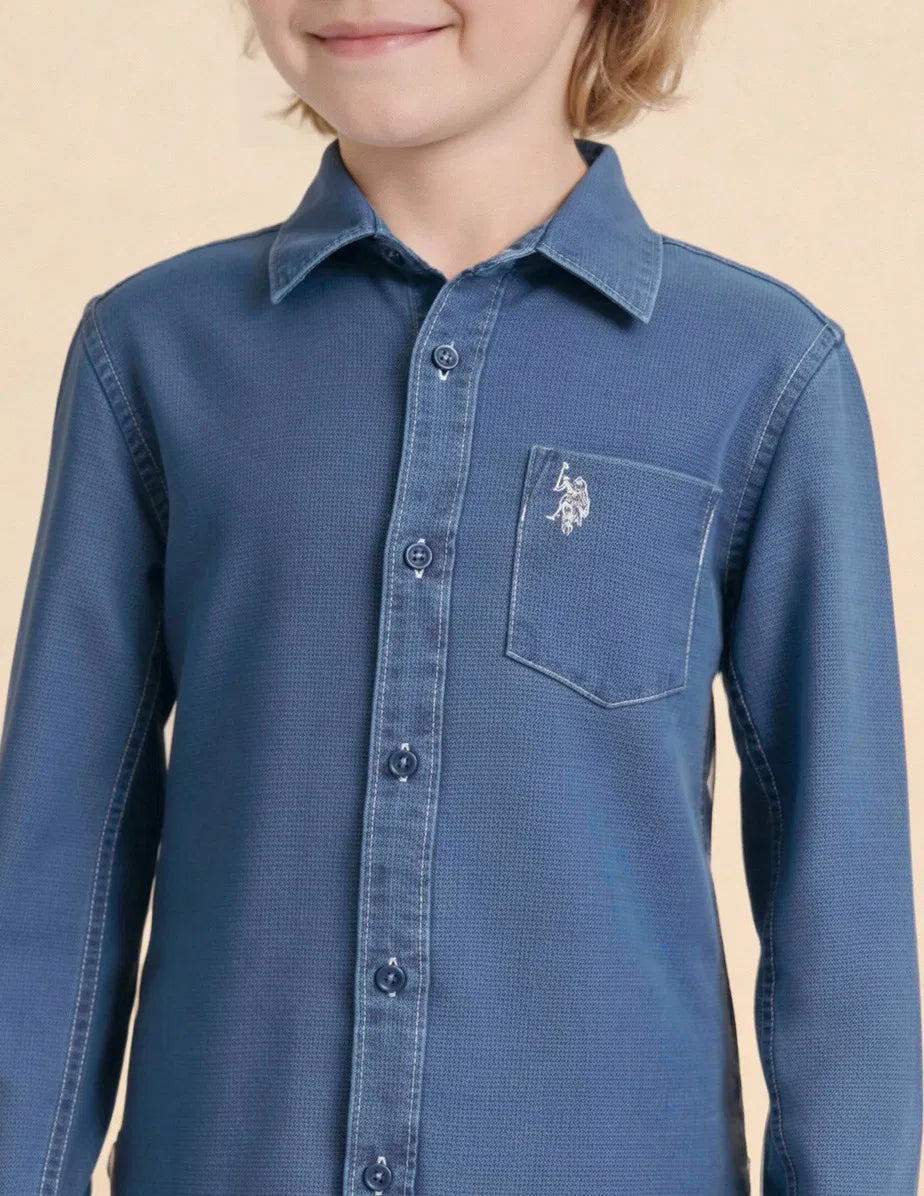 Boys Indigo Cotton Solid Dobby Shirt Regular Fit