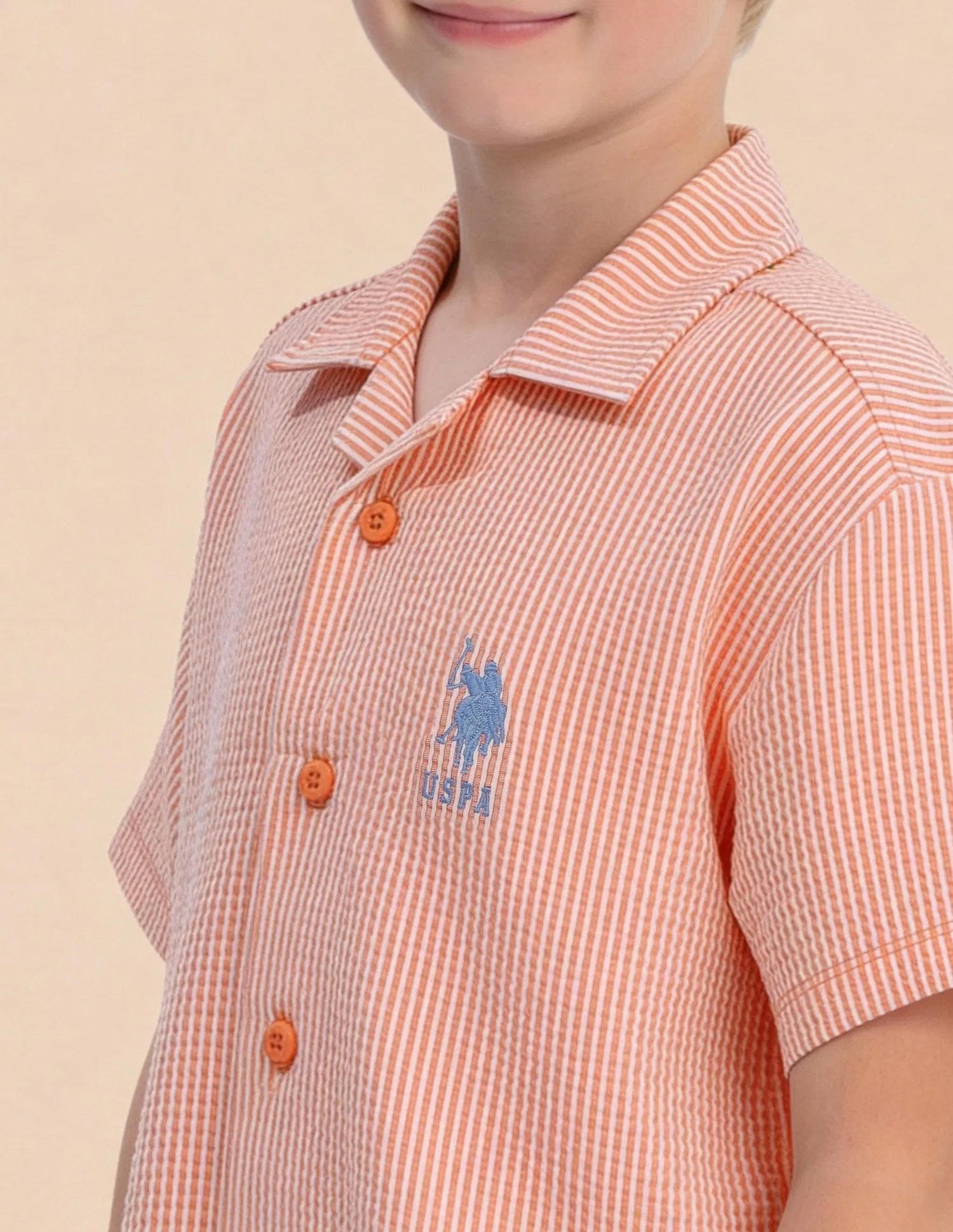 Boys Orange Vertical Striped Seersucker Shirt – Regular Fit