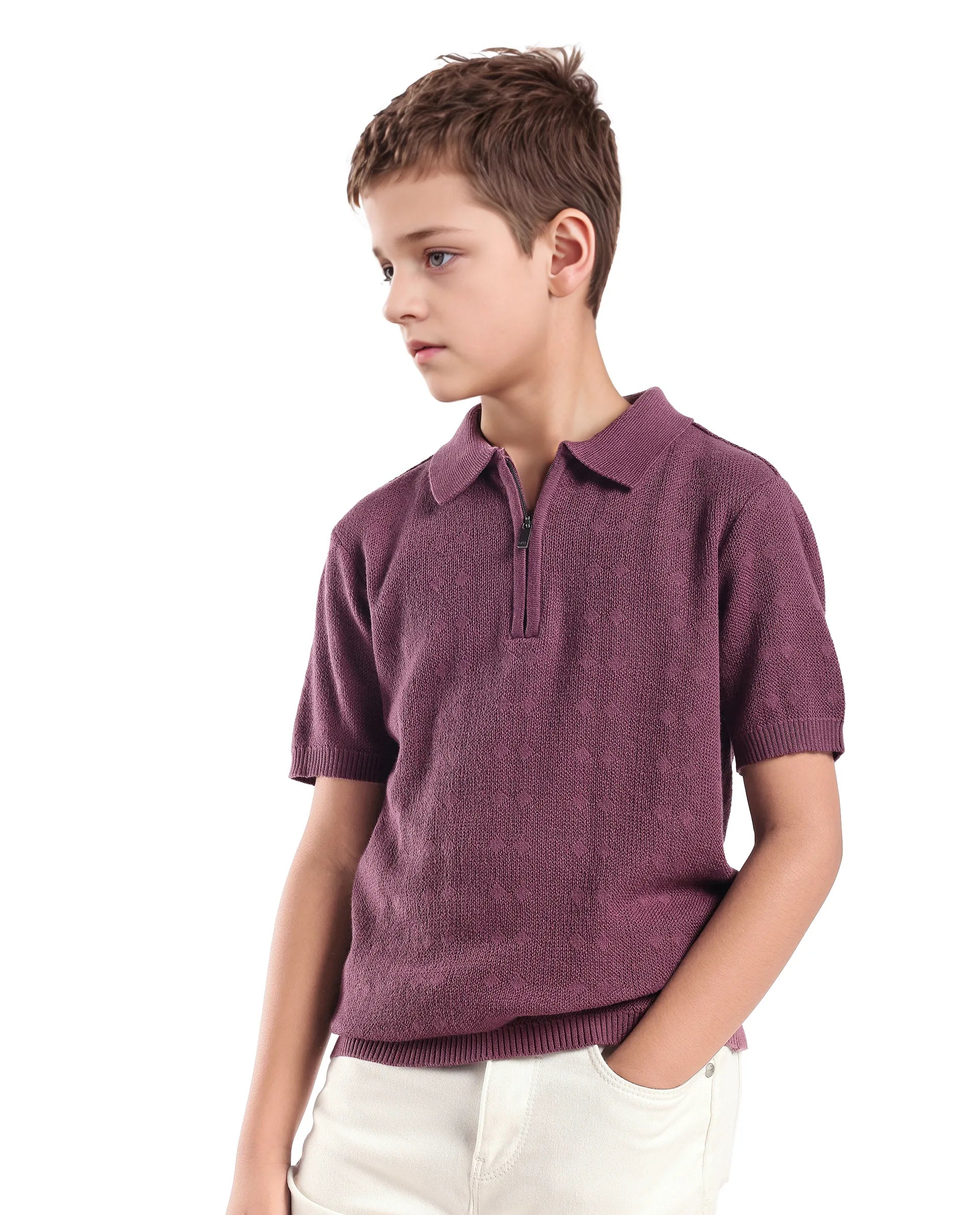 Boys Jacquard Zipper Polo in Dusky Purple