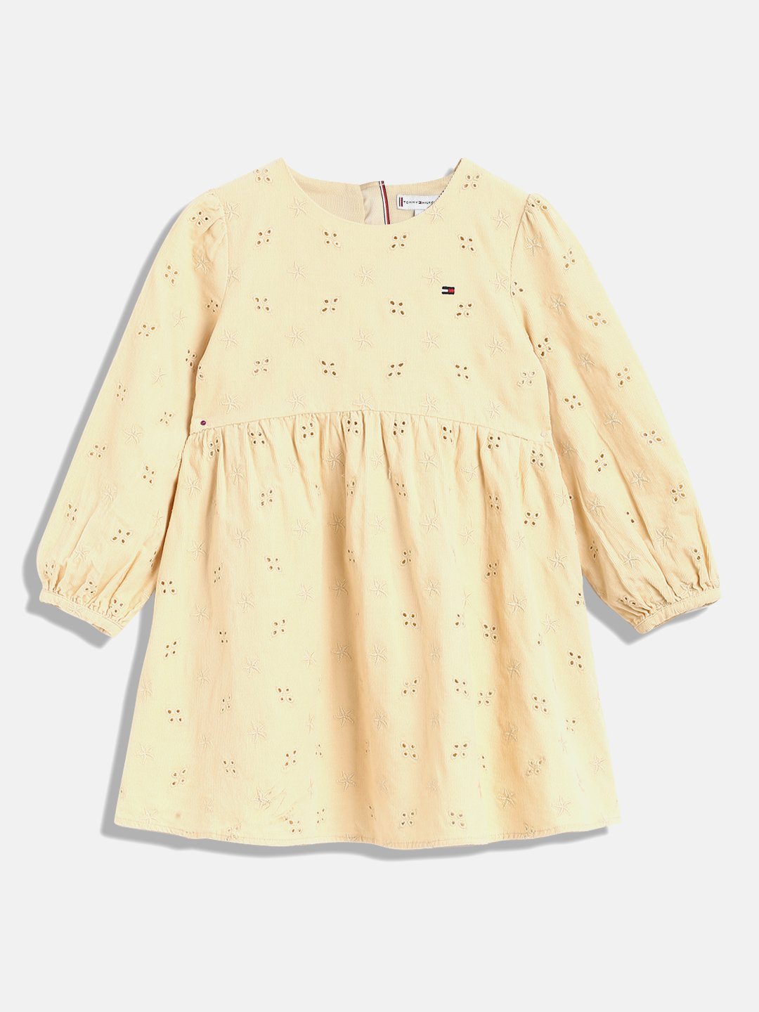 Girls Beige AOP Knee Length Cotton Dress with Full Sleeves