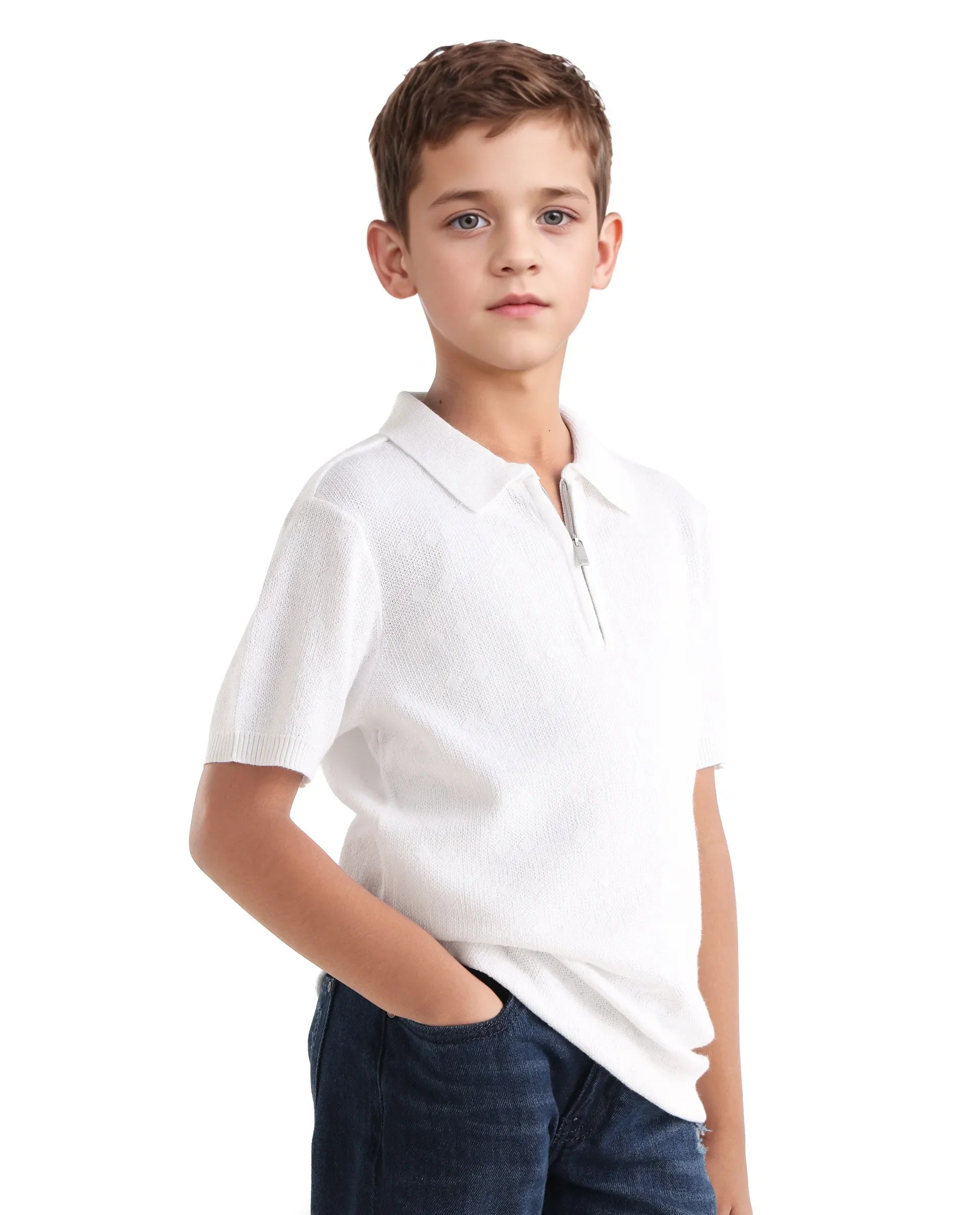 Boys Off White Jacquard Zipper Polo Shirt