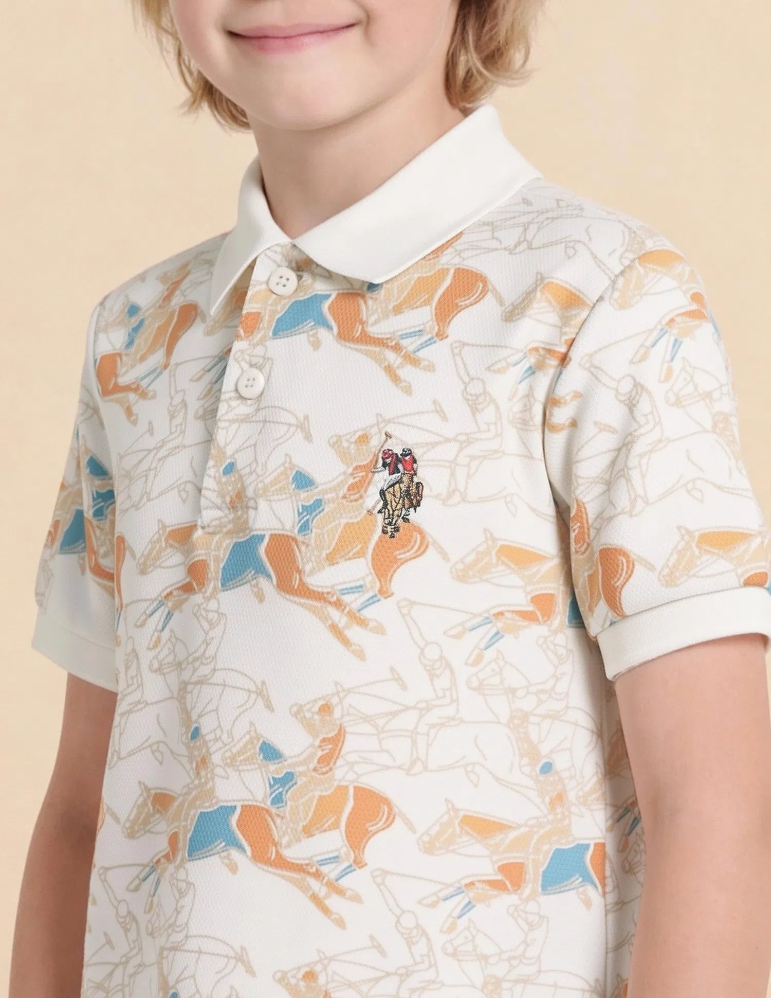 Boys Off White Cotton Graphic Print Regular Fit Polo Shirt