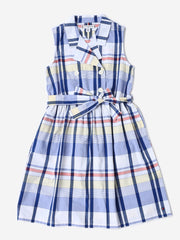 Girls White Checked BCI Cotton Sleeveless Casual Dress