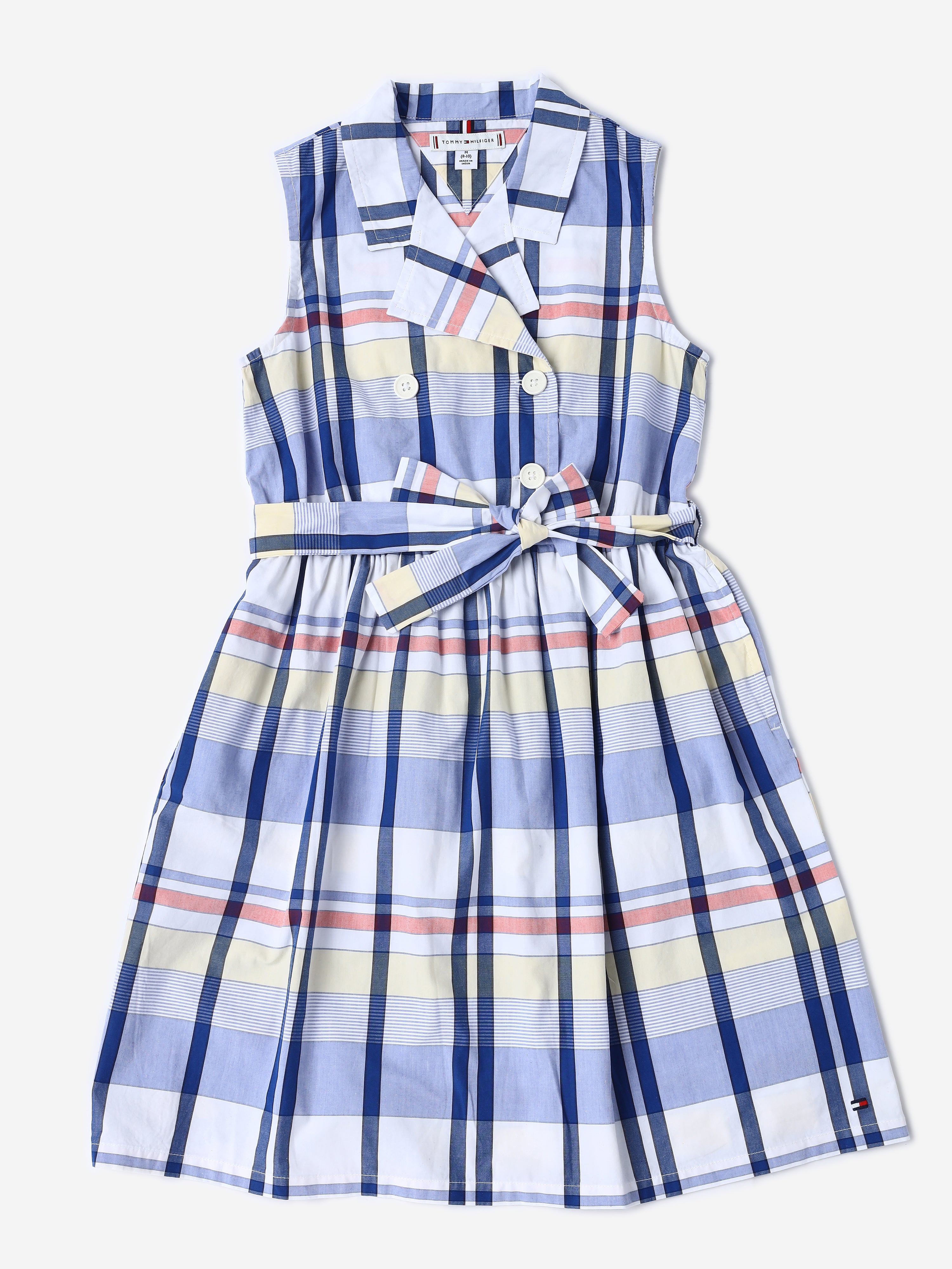 Girls White Checked BCI Cotton Sleeveless Casual Dress