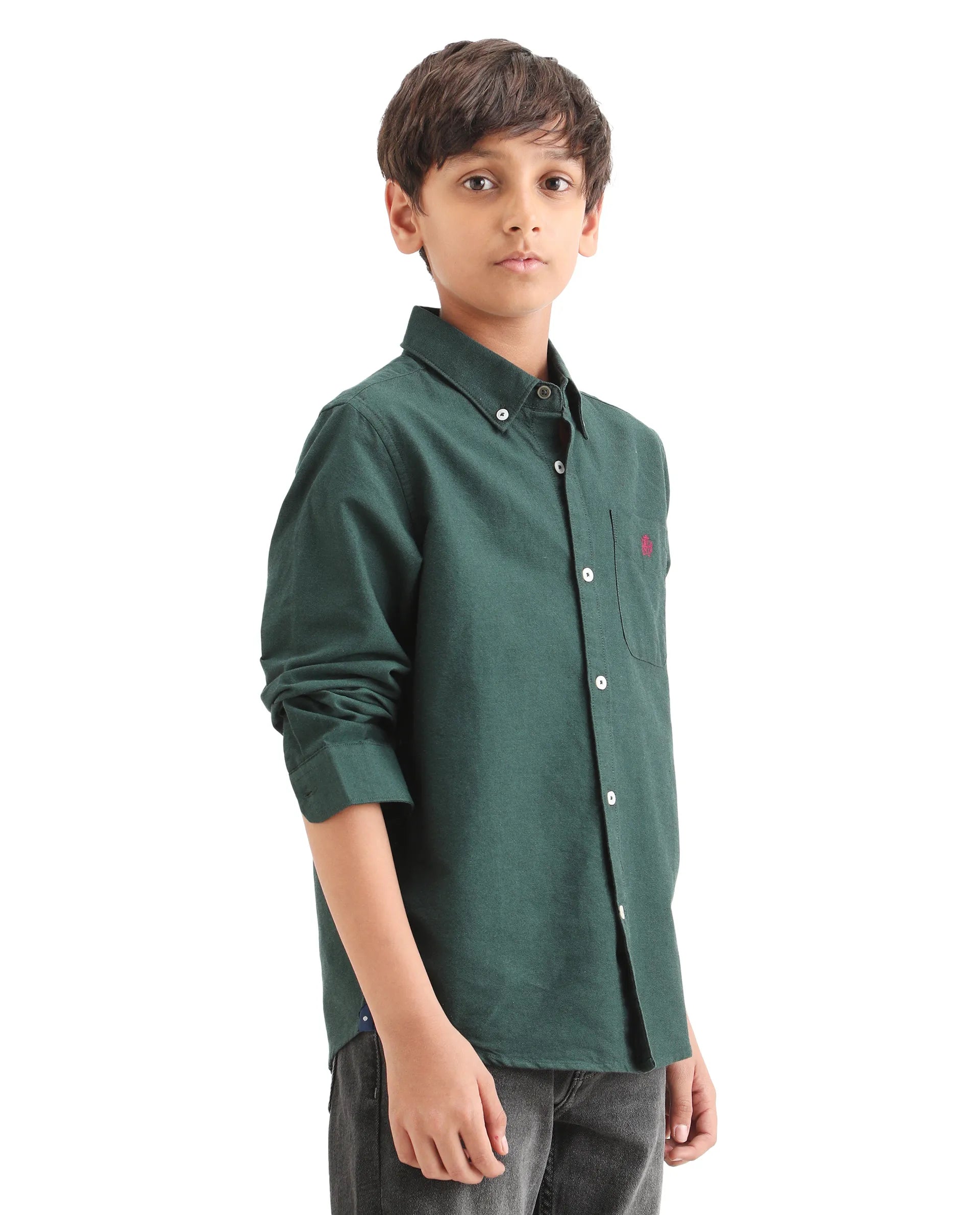Boys Dark Green Cotton Regular Fit Shirt