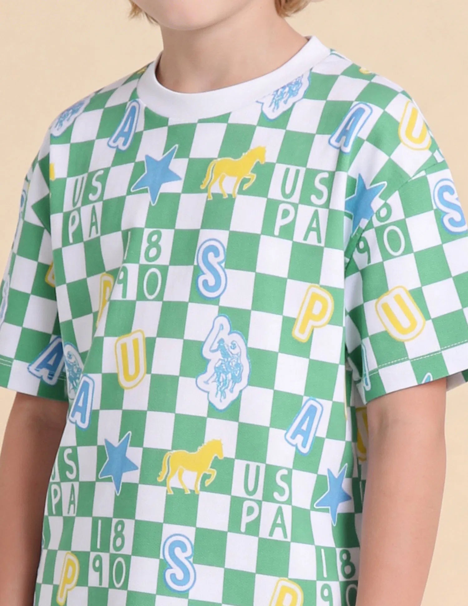 Boys Green Checked Cotton T-Shirt – Oversized Fit