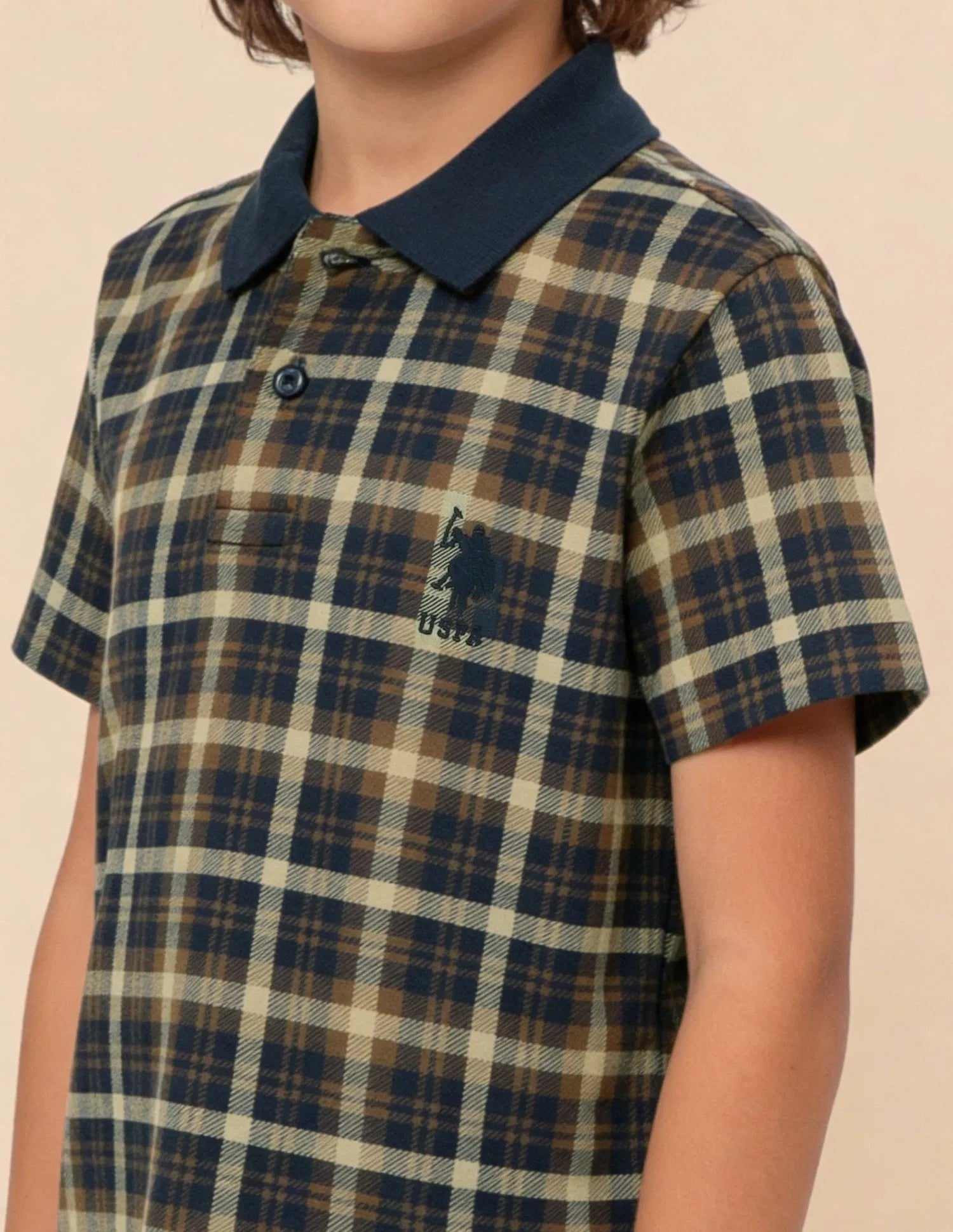 Boys Navy Cotton Checked Regular Fit Polo Shirt