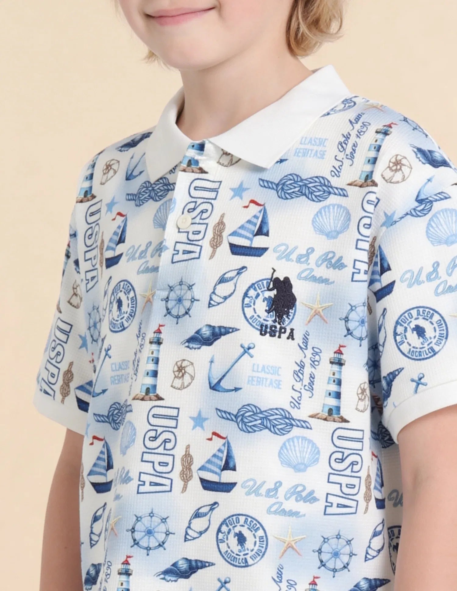 Boys Off White Polyester Blend Graphic Print Regular Fit Polo Shirt