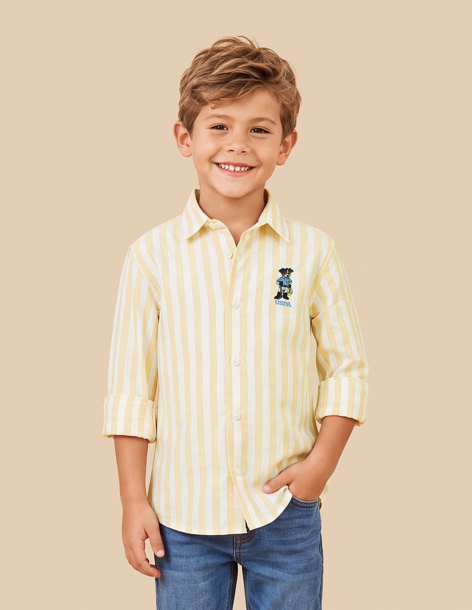 Boys Yellow Cotton Vertical Striped Oxford Shirt