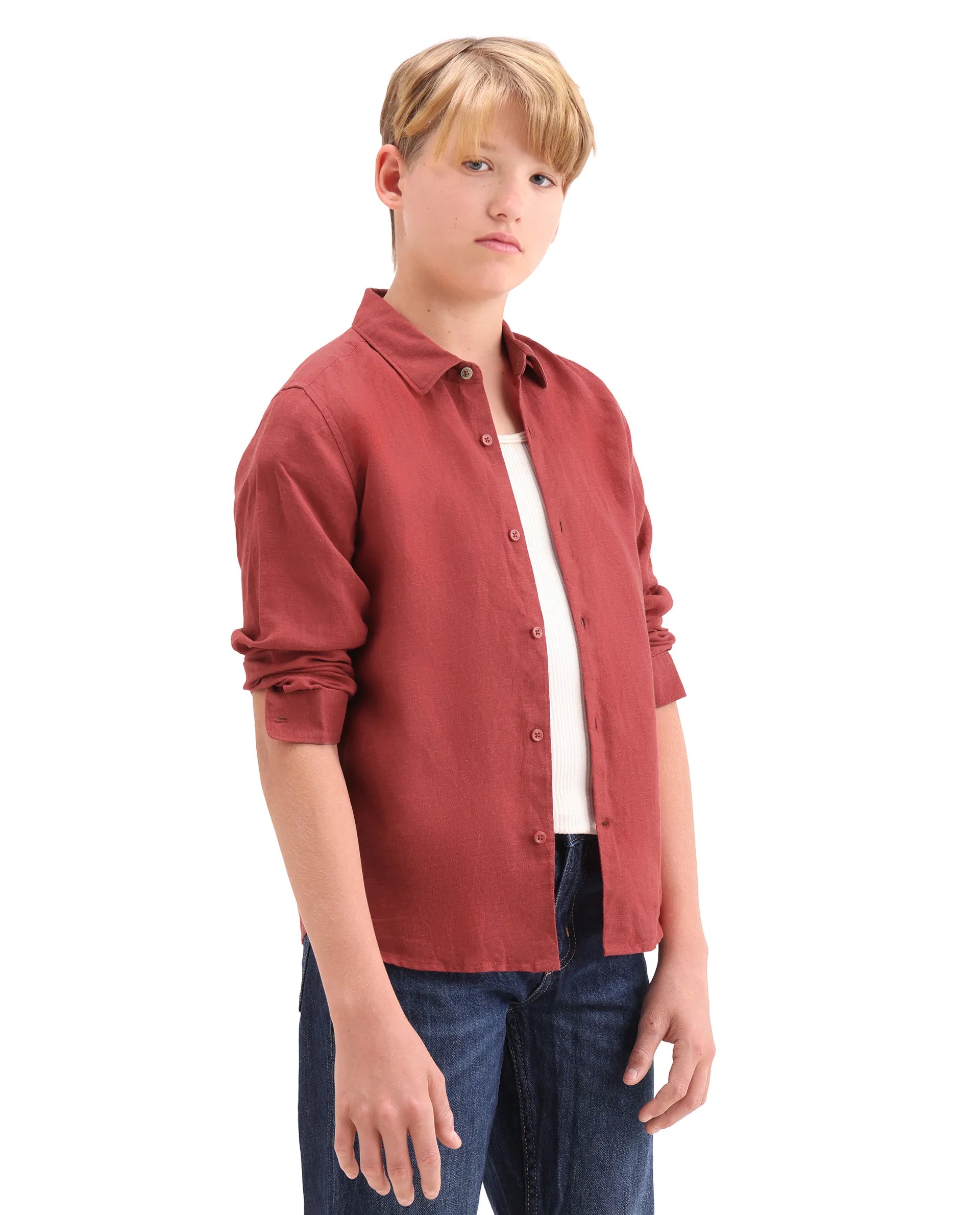 Boys Red Linen Blend Regular Fit Shirt