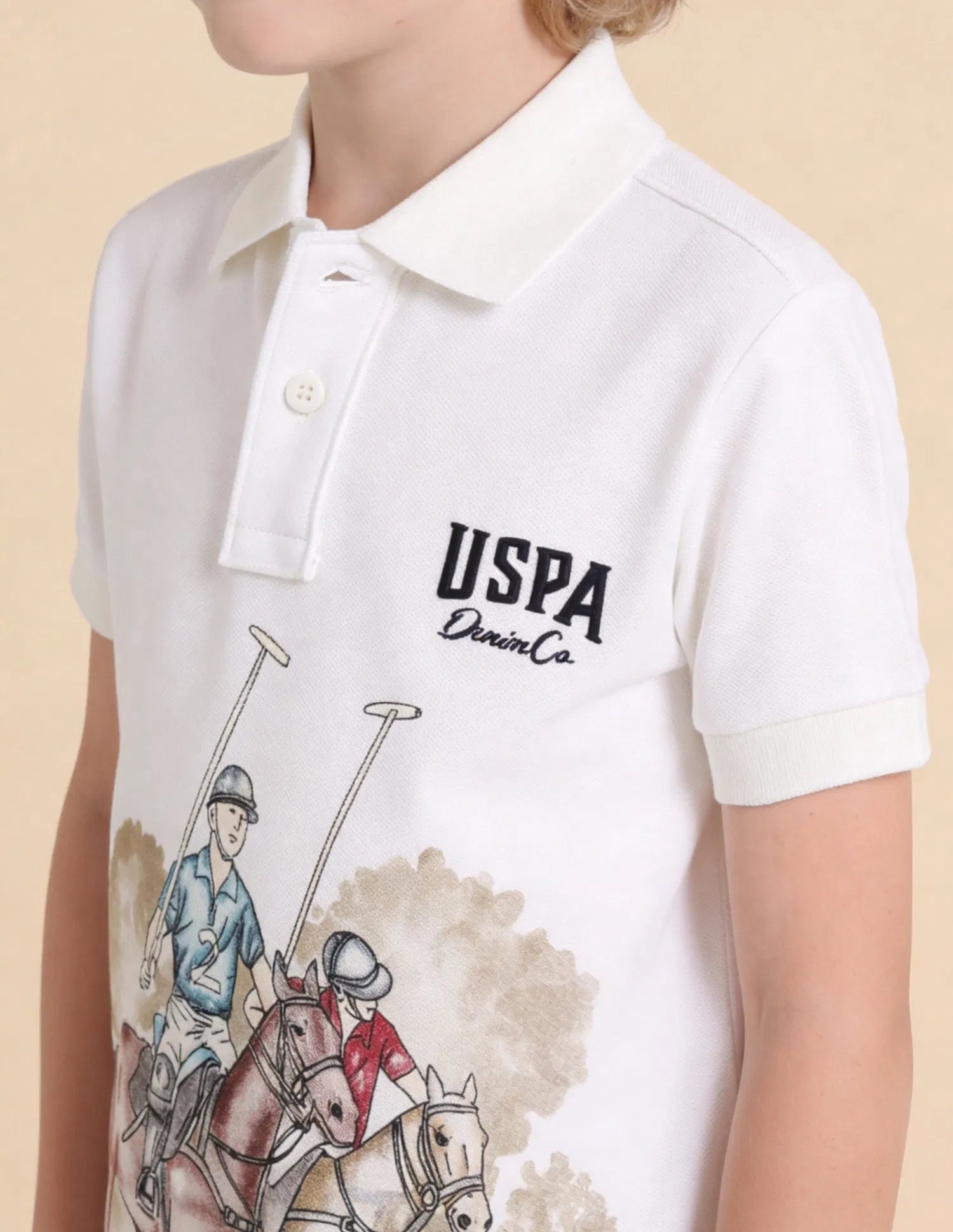 Boys Off White Cotton Graphic Print Regular Fit Polo Shirt