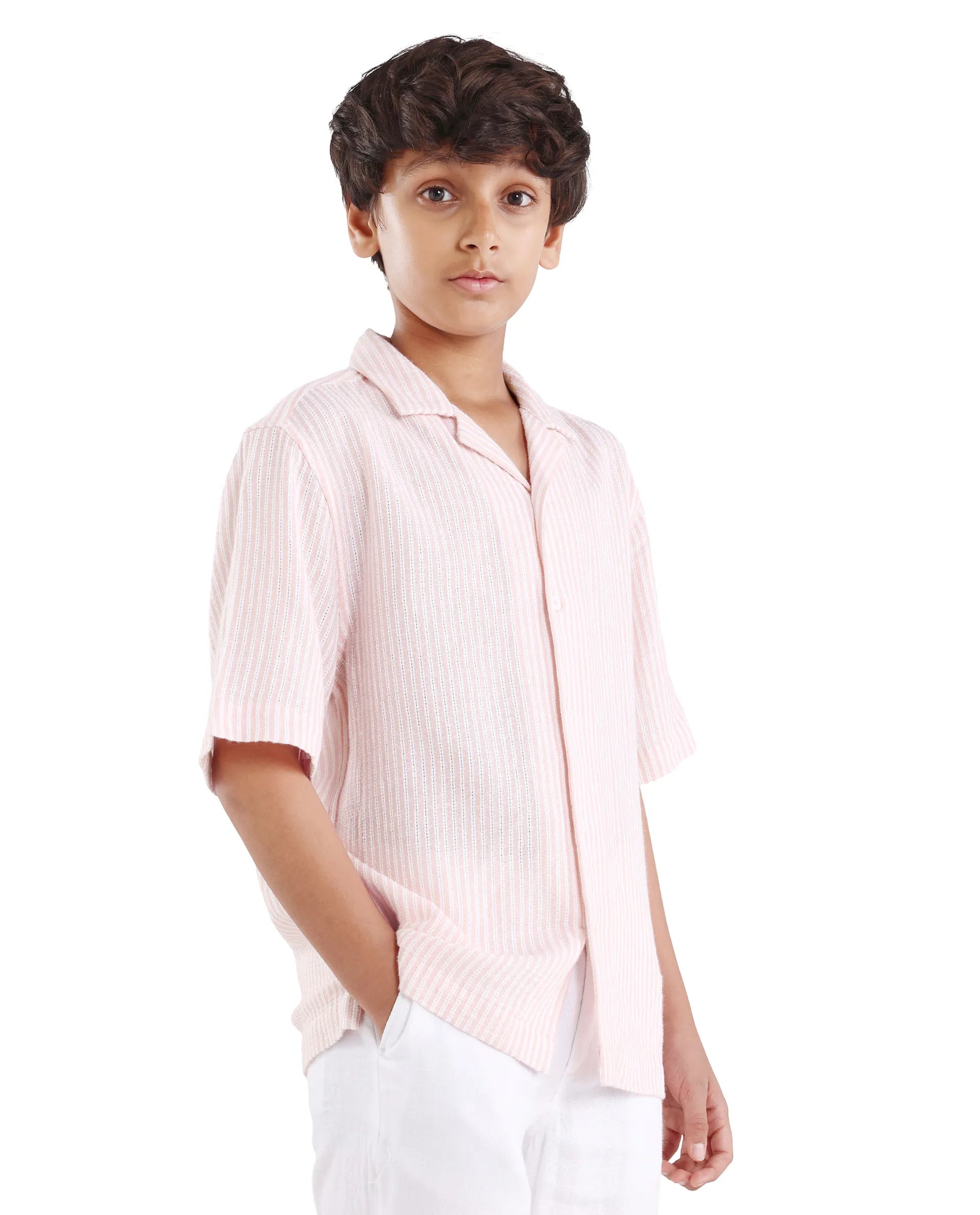 Boys Pastel Pink Cotton Linen Boxy Fit Shirt