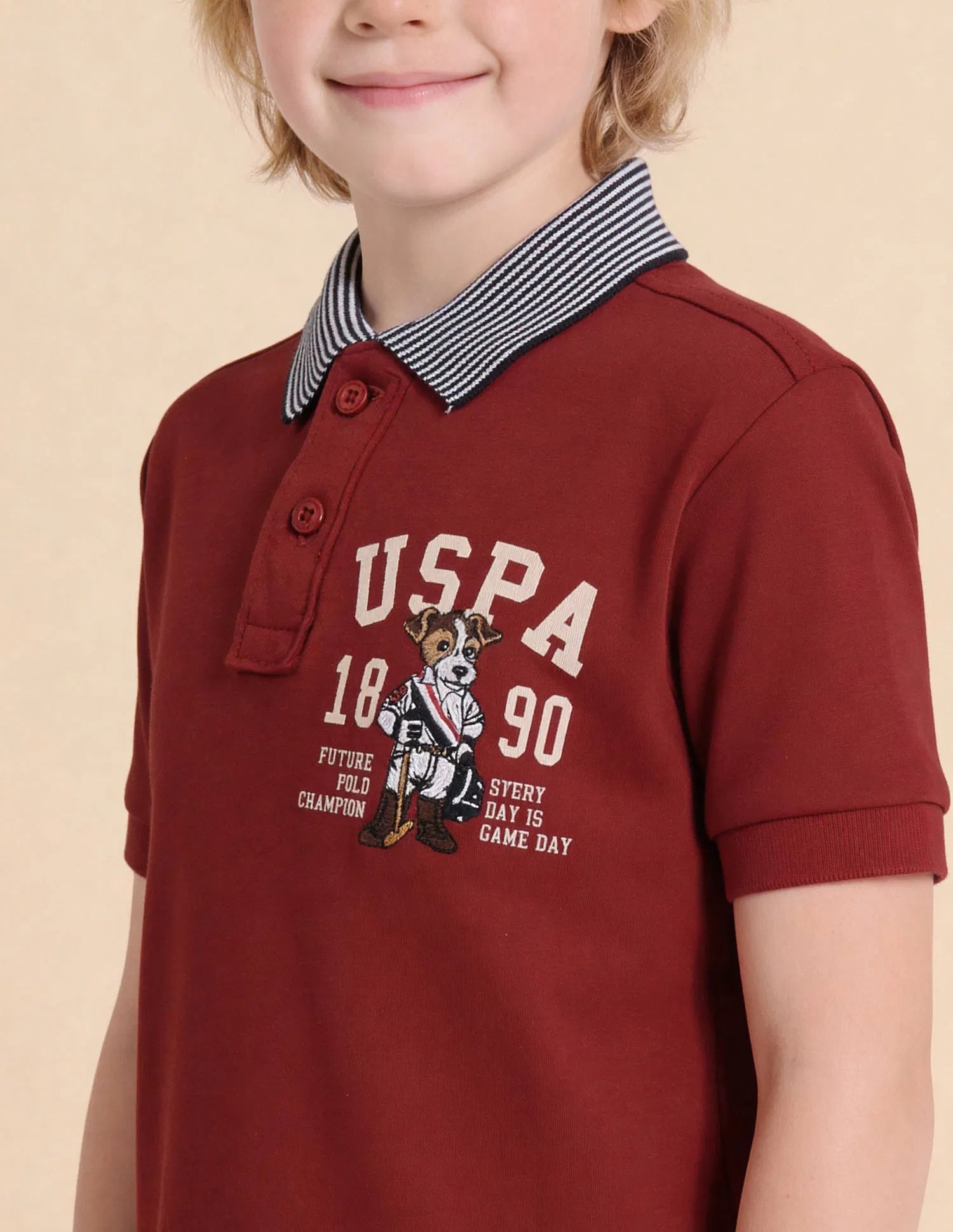 Boys Red Cotton Graphic Print Regular Fit Polo Shirt