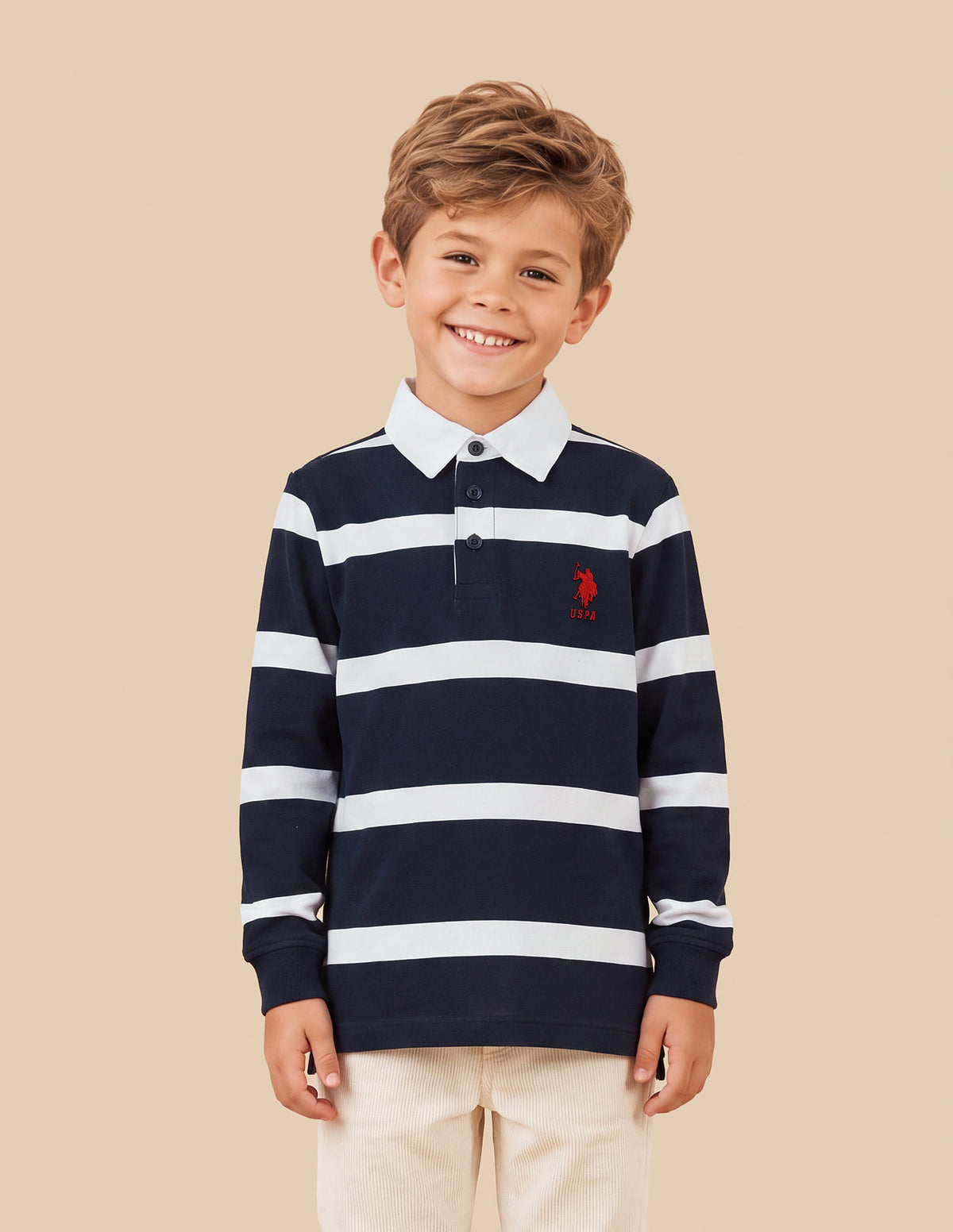 Boys Navy Cotton Horizontal Striped Regular Fit Polo Shirt