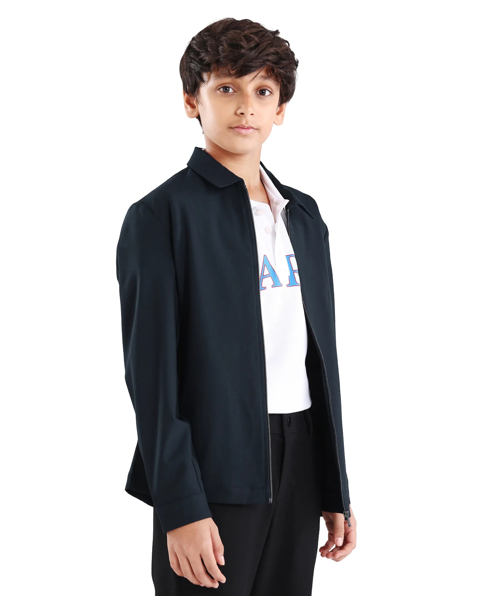 Boys Navy Viscose Blend Zipper Shacket