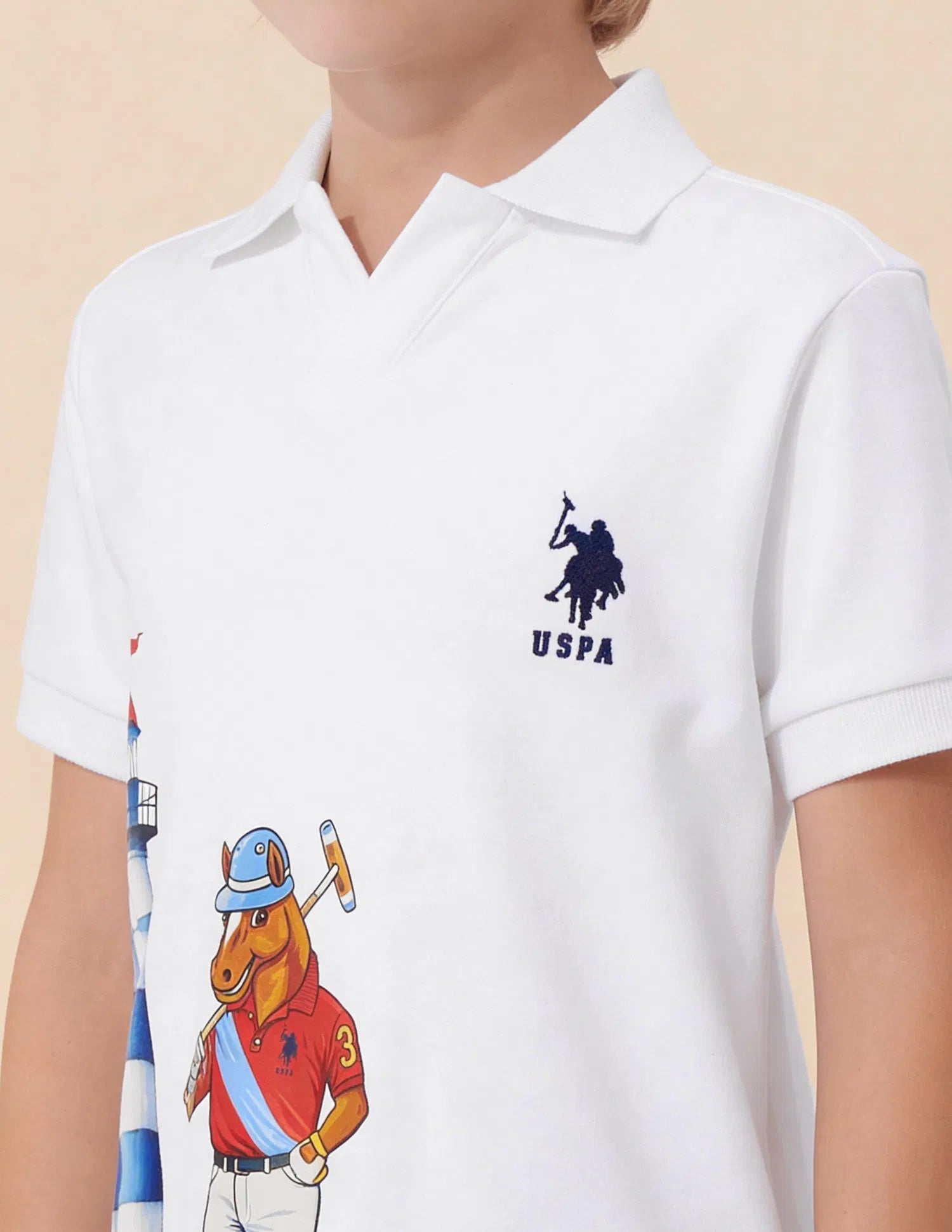 Boys White Cotton Graphic Print Regular Fit Polo Shirt