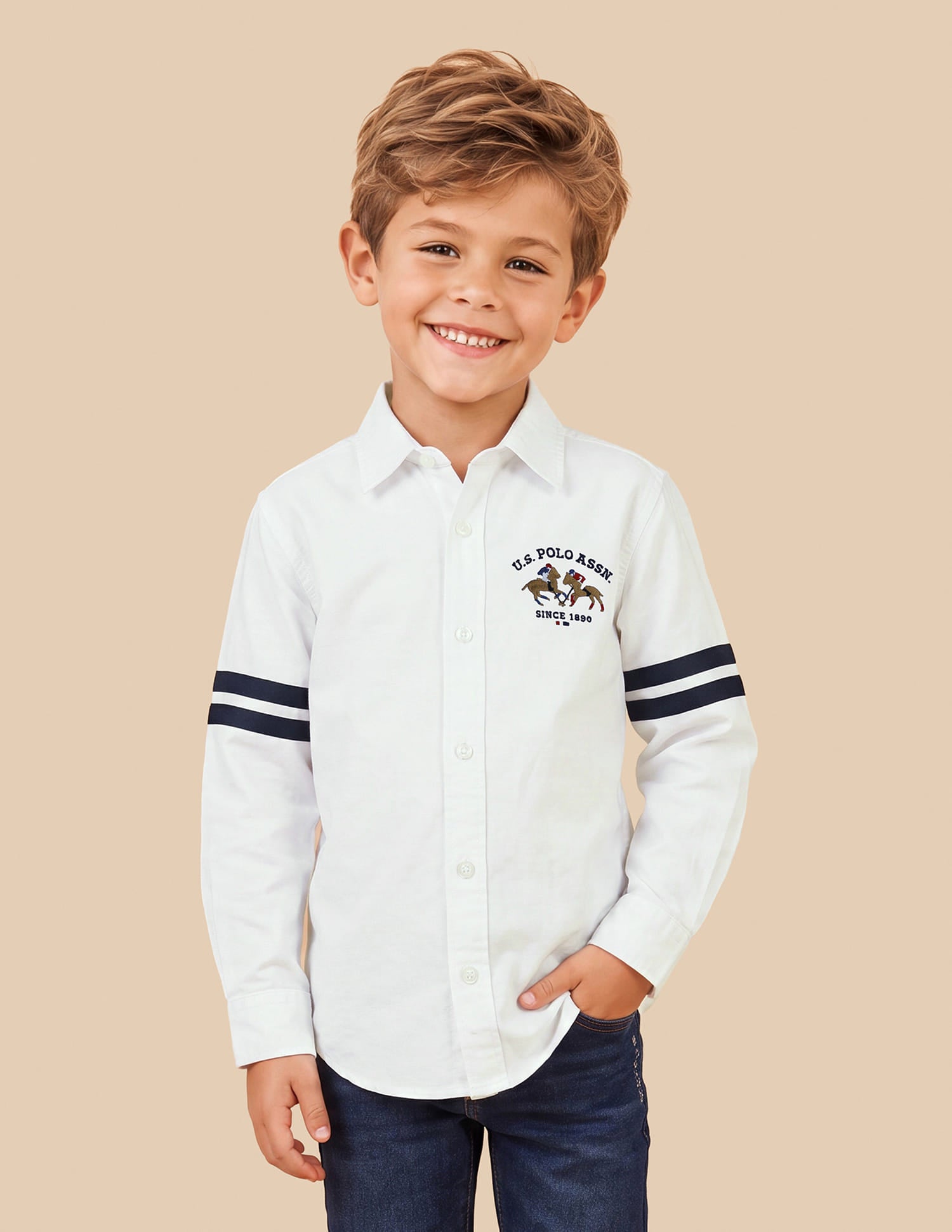 Boys White Cotton Regular Fit Shirt with Stripe Detail