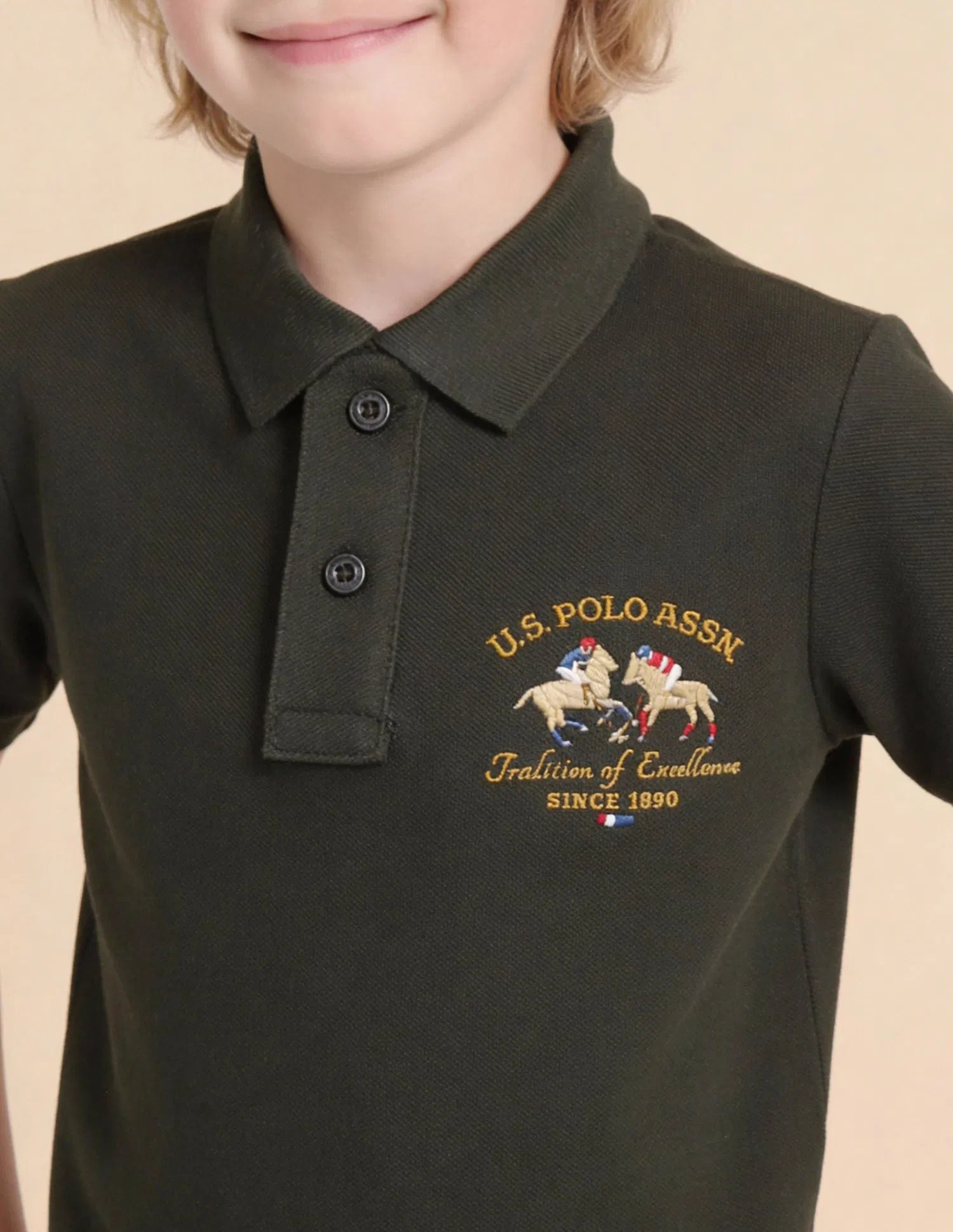 Boys Olive Cotton Embroidered Polo Shirt Regular Fit