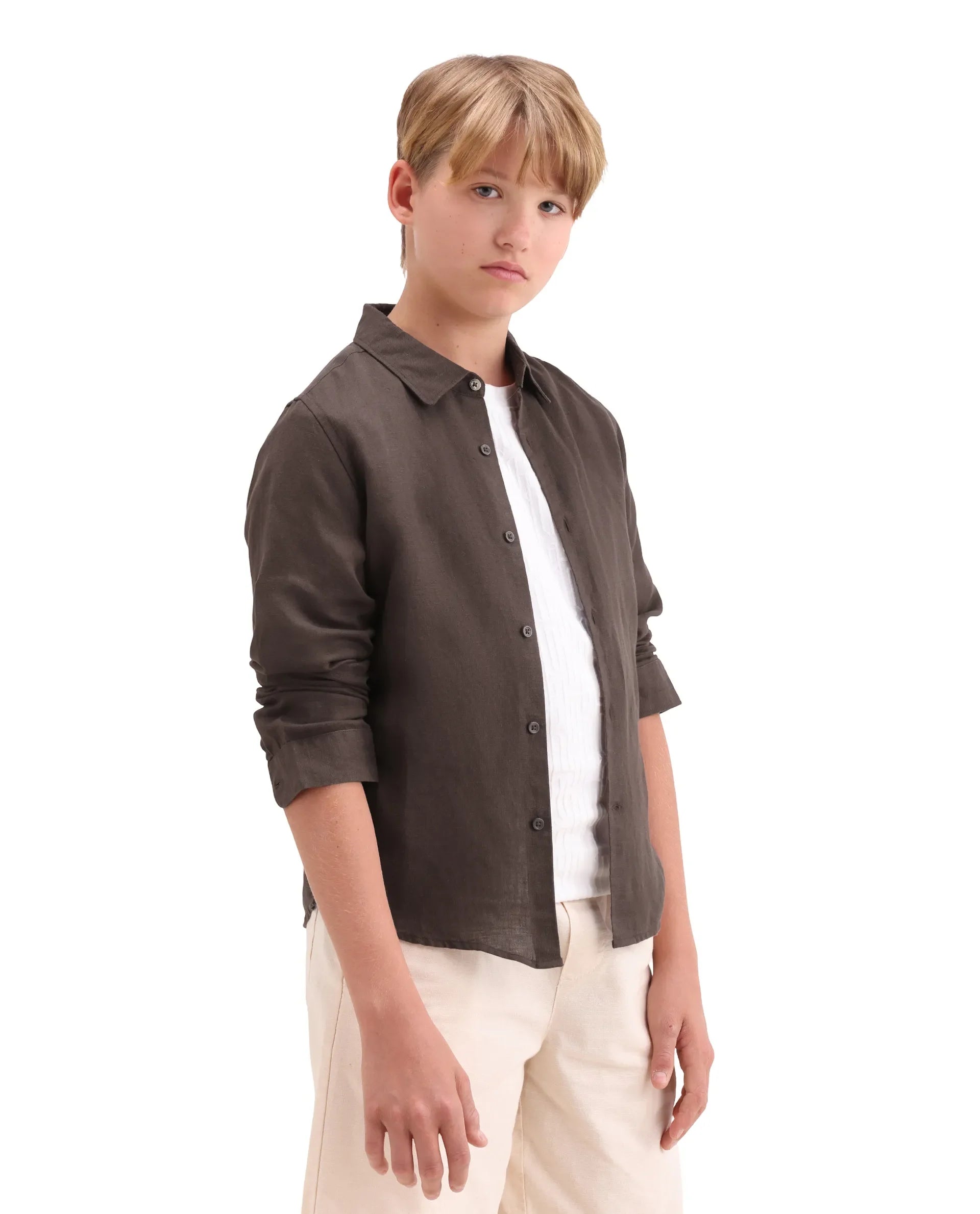 Boys Dark Brown Linen Blend Regular Fit Shirt