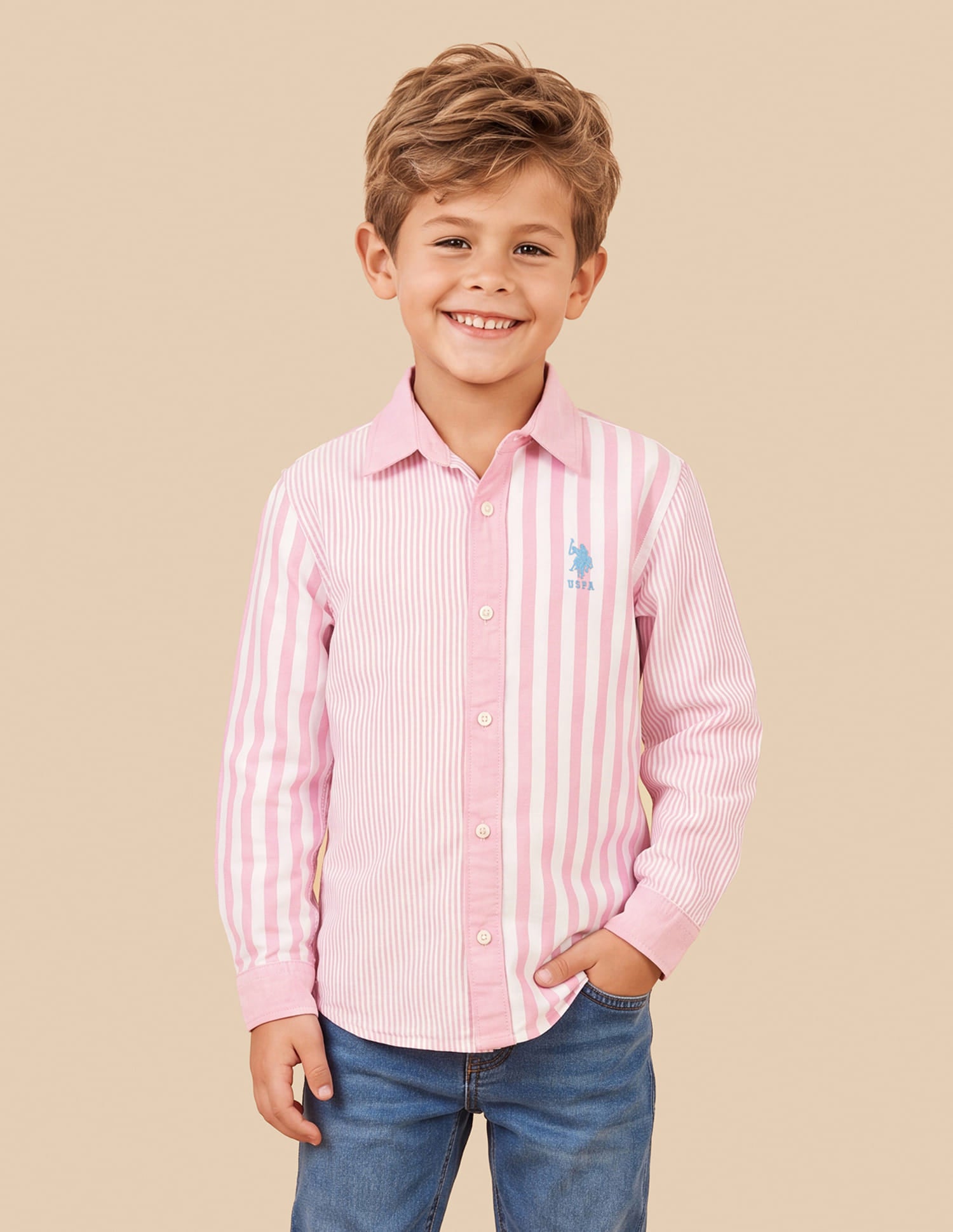 Boys Pink Cotton Vertical Striped Regular Fit Shirt