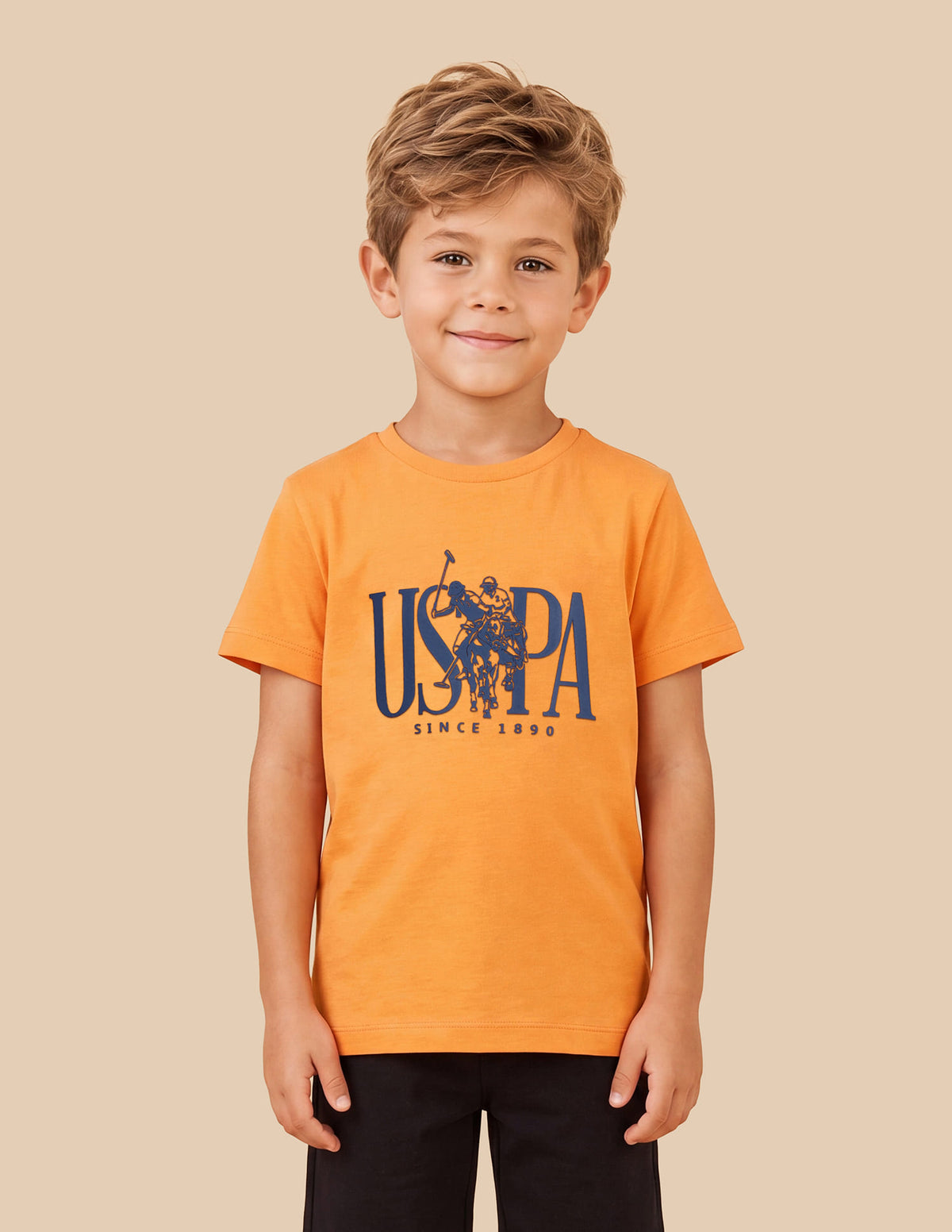 Boys Light Orange Cotton Logo Print Regular Fit T-Shirt