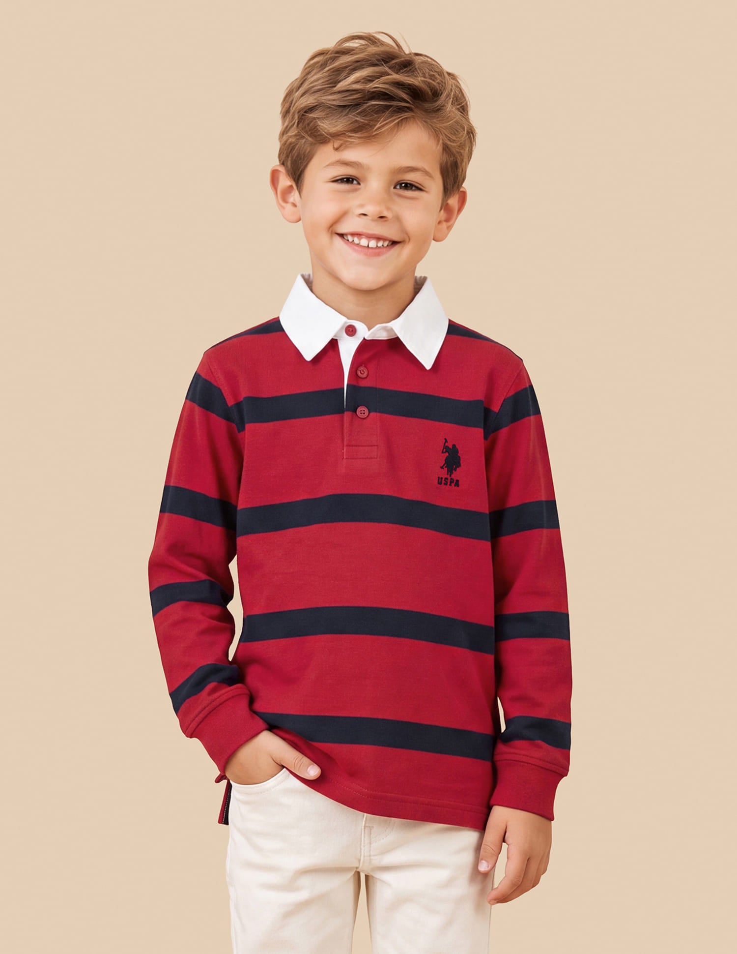 Boys Red Cotton Horizontal Striped Regular Fit Polo Shirt