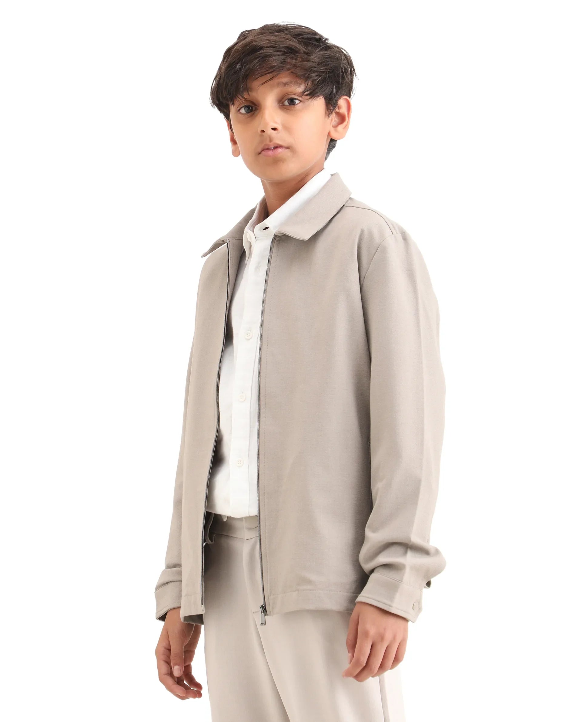 Boys Beige Polyester Blend Zipper Shacket
