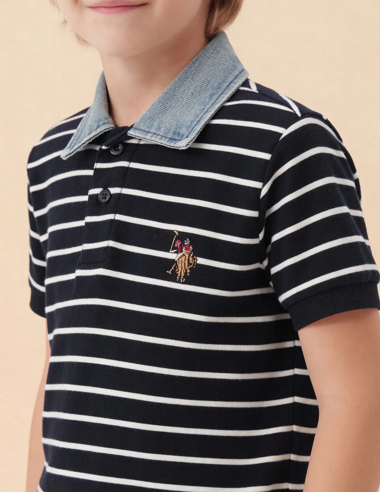 Boys Navy Cotton Striped Regular Fit Polo Shirt