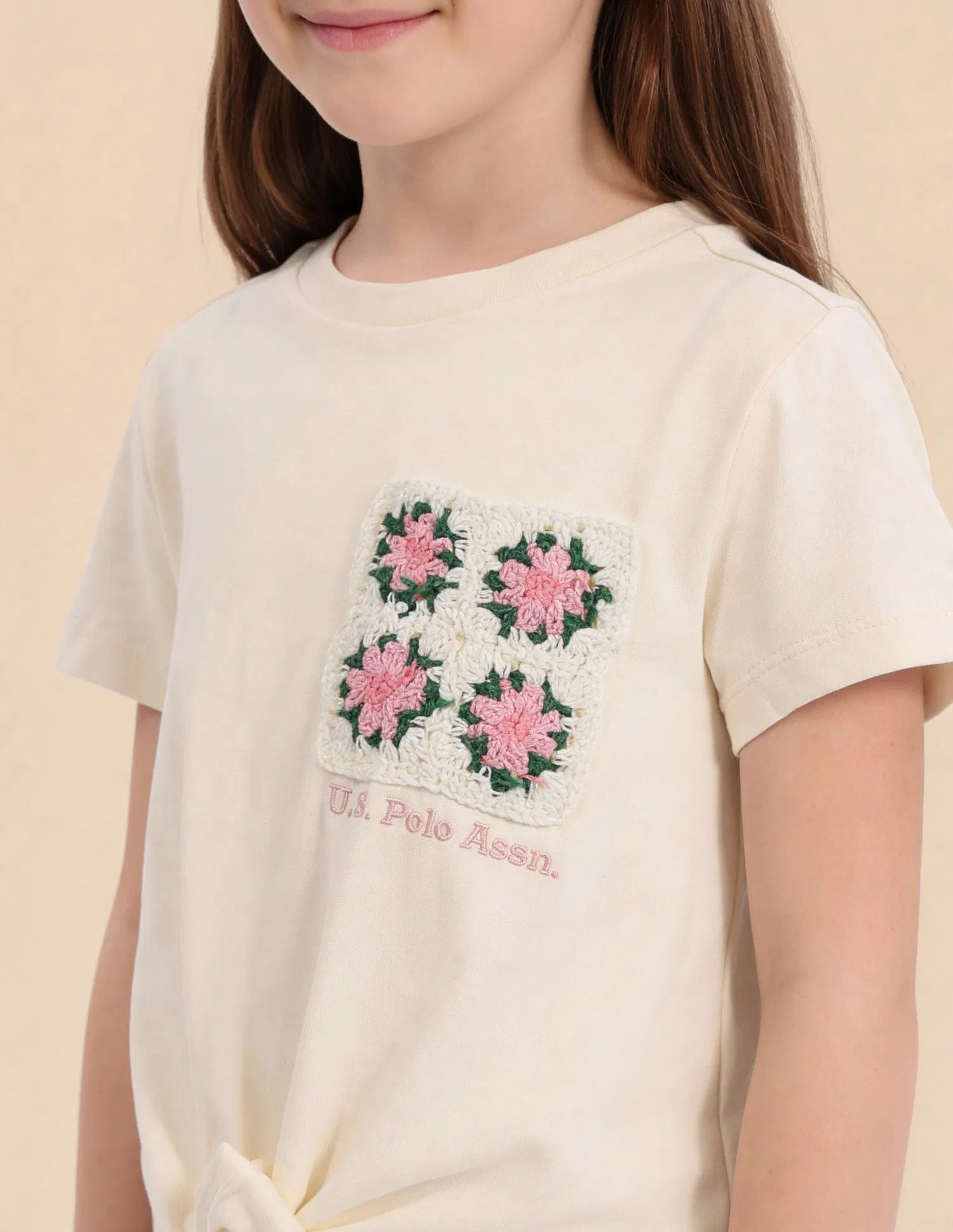 Girls Off White Cotton Floral Crochet Knotted Top