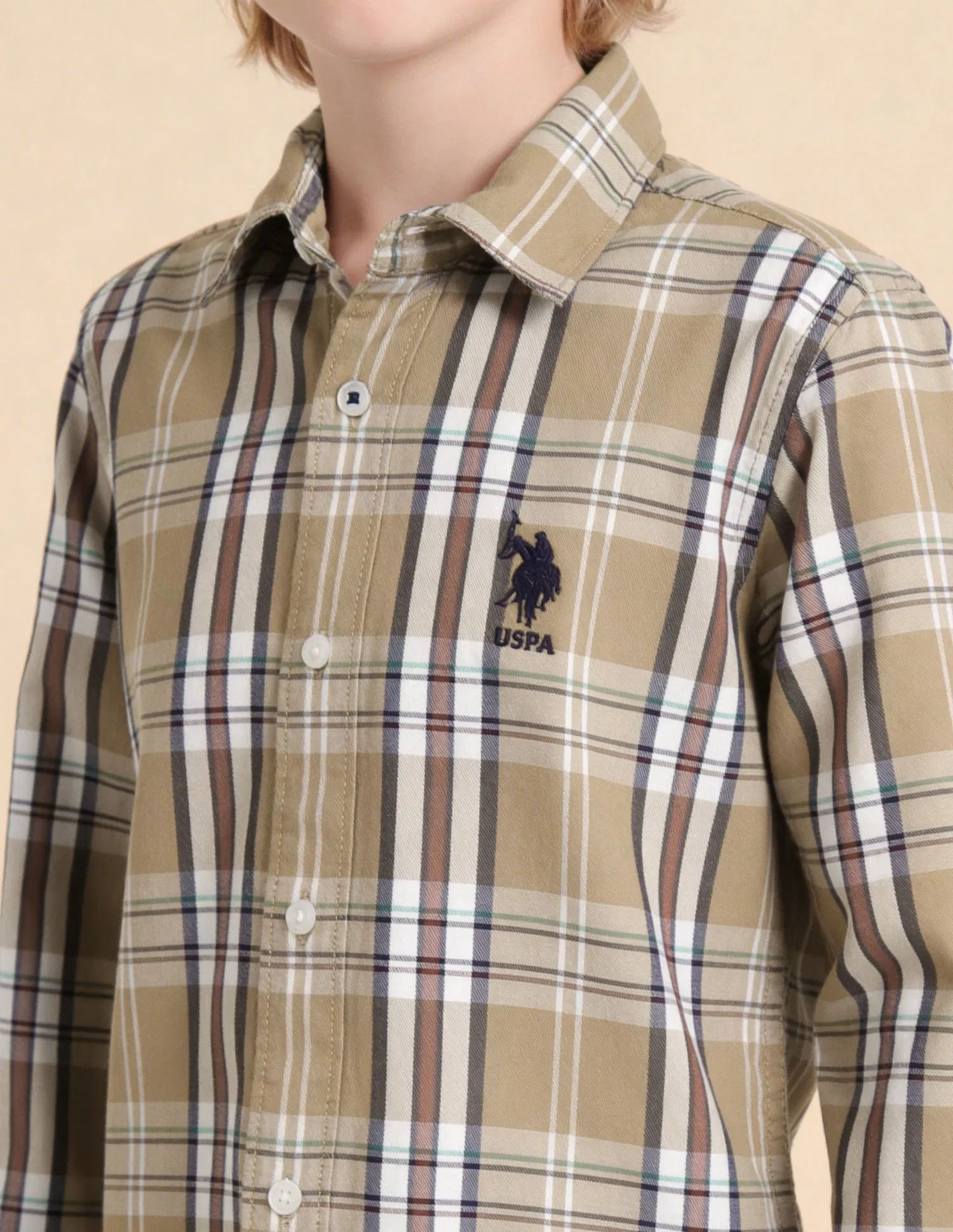 Boys Plaid Checked Cotton Twill Shirt – Regular Fit