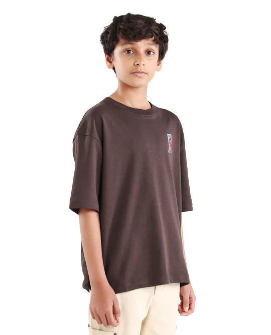 Rare Ones Boys Dark Brown Puff Print Boxy Cotton T-Shirt