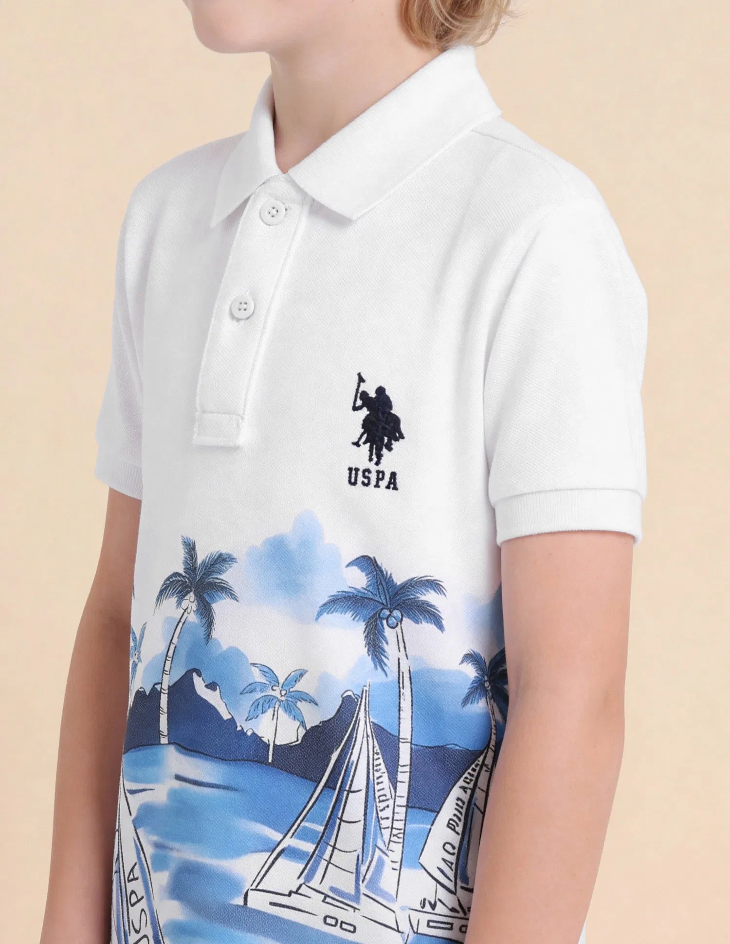 Boys White Cotton Graphic Print Regular Fit Polo Shirt