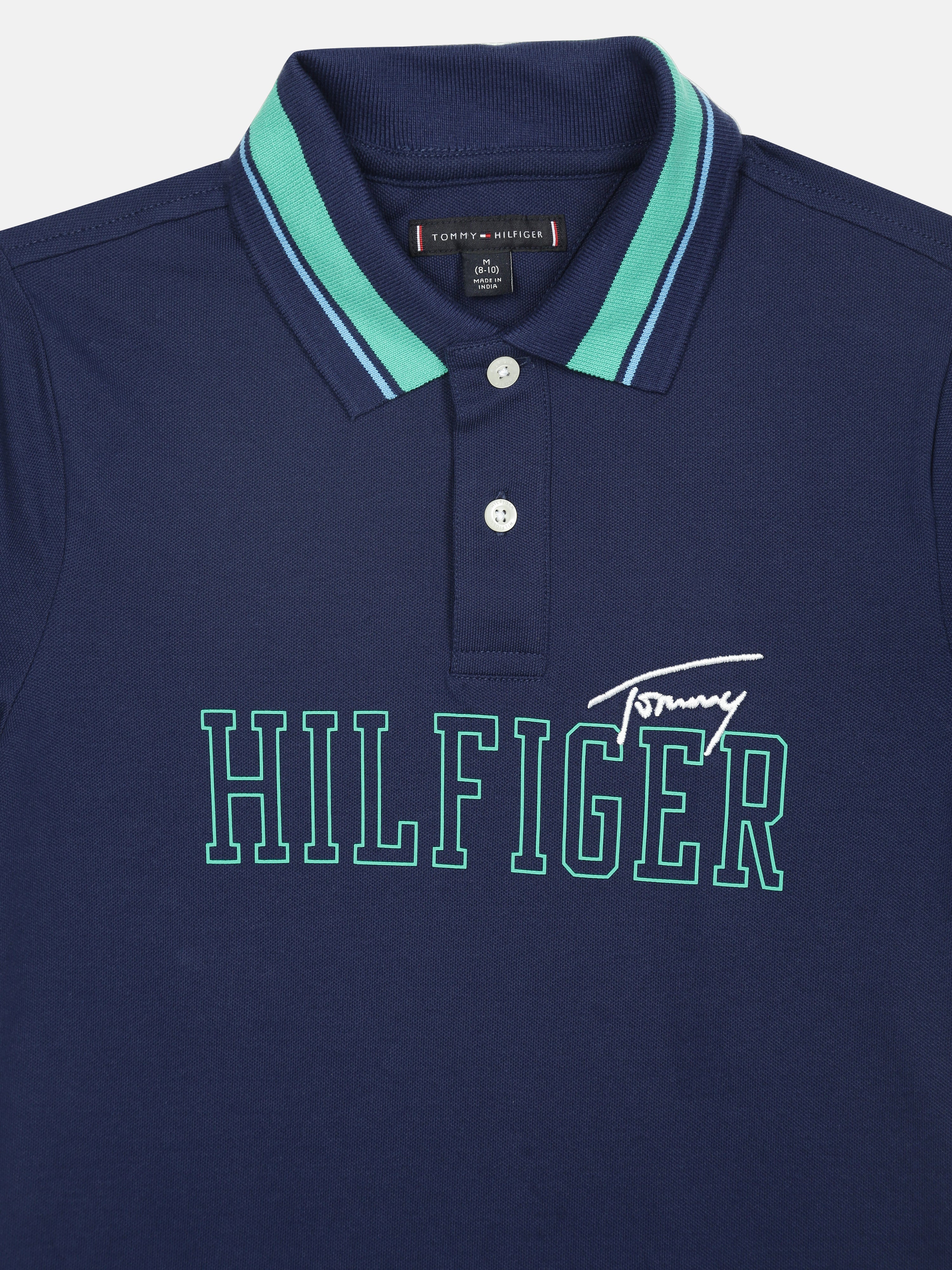 Girls Navy Cotton Logo Knit Polo Casual Top