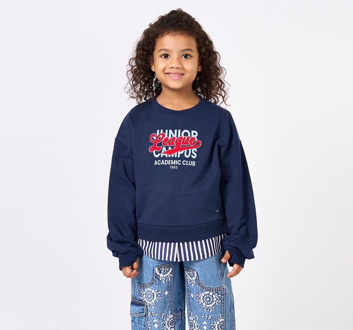 Sweatshirt with Print Emb & Mock Layer Navy