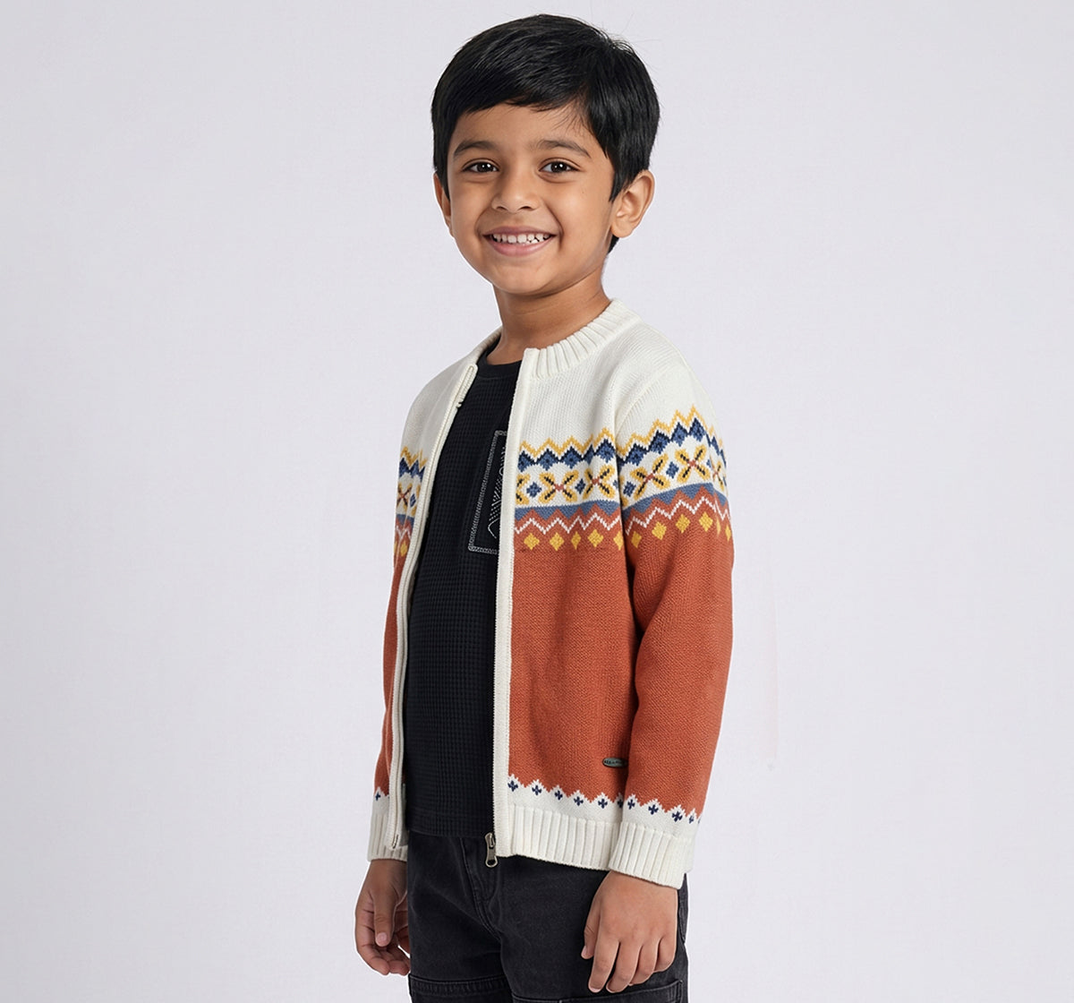 Jacquard Front Open Sweater Orange