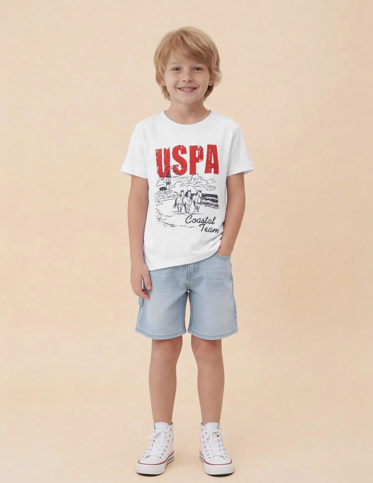 Boys White Cotton Graphic Print Regular Fit T-Shirt