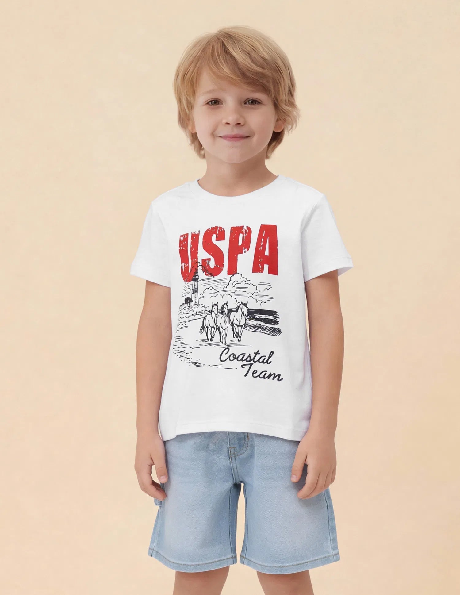 Boys White Cotton Graphic Print Regular Fit T-Shirt