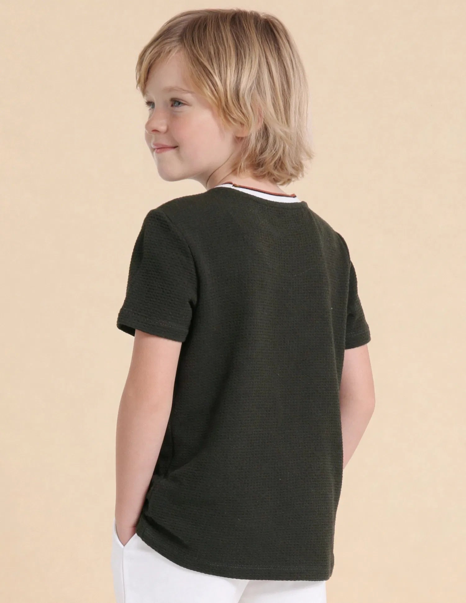 Boys Dark Green Cotton Blend Self Design Regular Fit T-Shirt